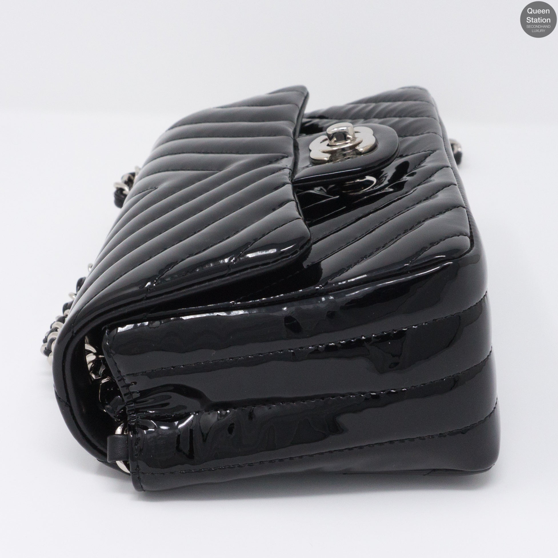 Chevron Rectangular Mini Flap Black Patent Leather Bag