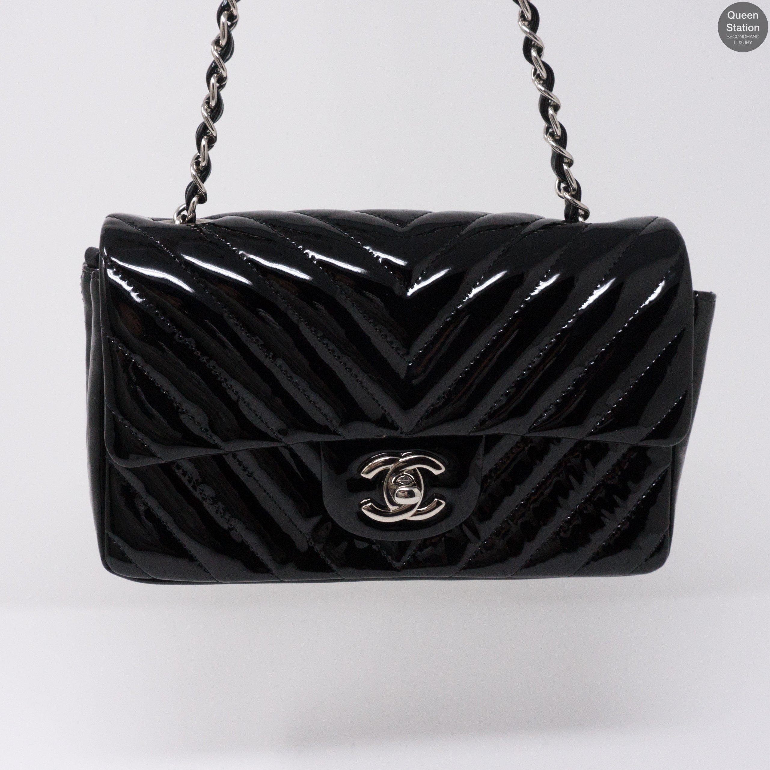 Chevron Rectangular Mini Flap Black Patent Leather Bag