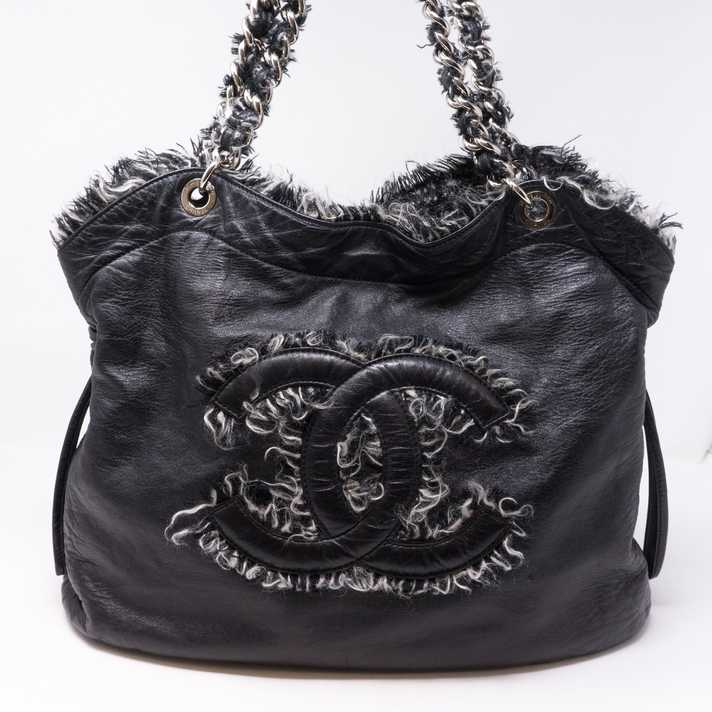 CC Leather And Tweed Chain Tote Bag