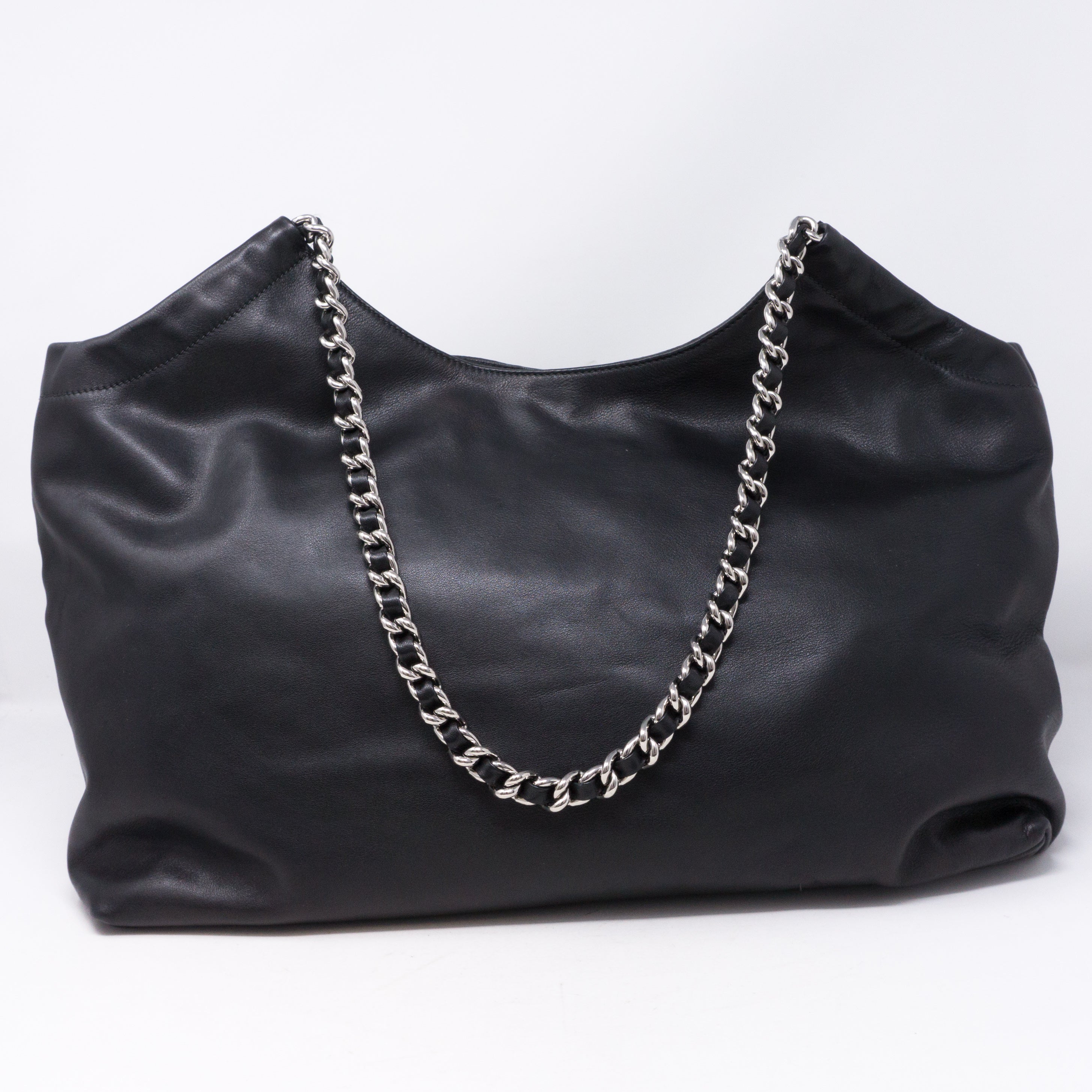 Soft Calfskin Black Leather Chain Tote Bag