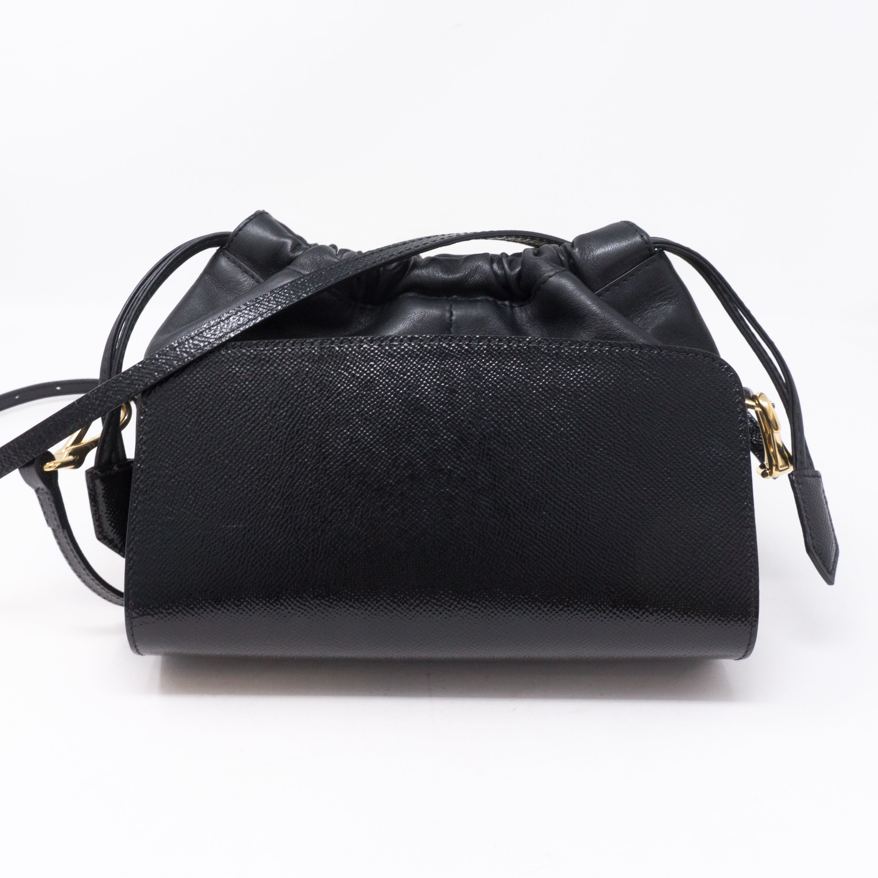 Drawstring Crossbody Black Leather Bag