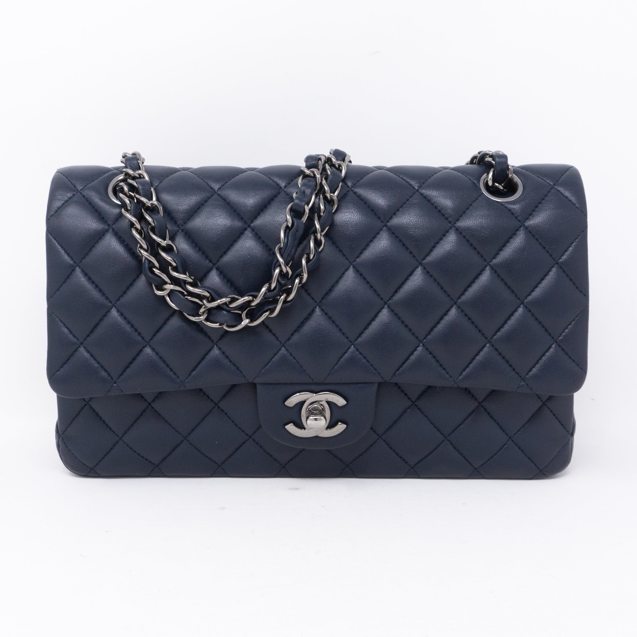 Classic Double Flap Medium Navy Blue Silver