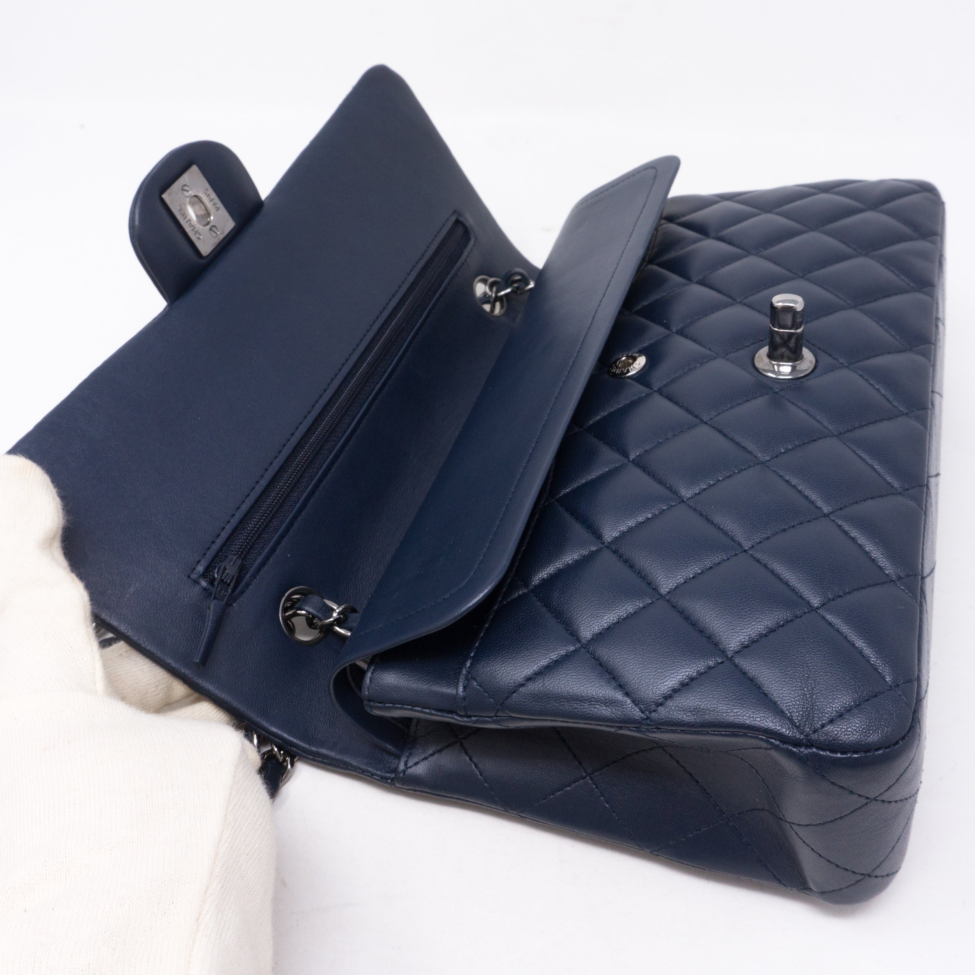 Classic Double Flap Medium Navy Blue Silver
