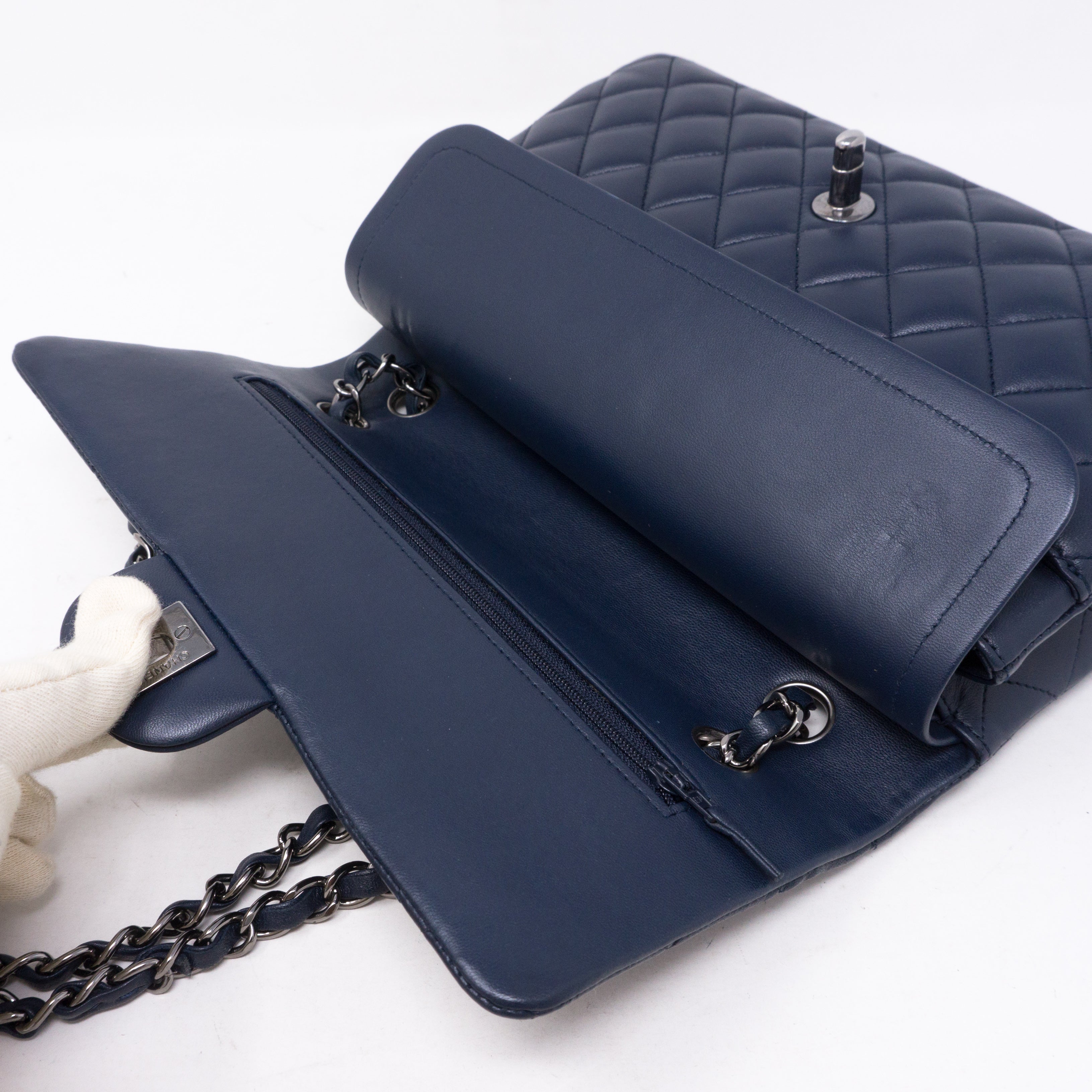 Classic Double Flap Medium Navy Blue Silver