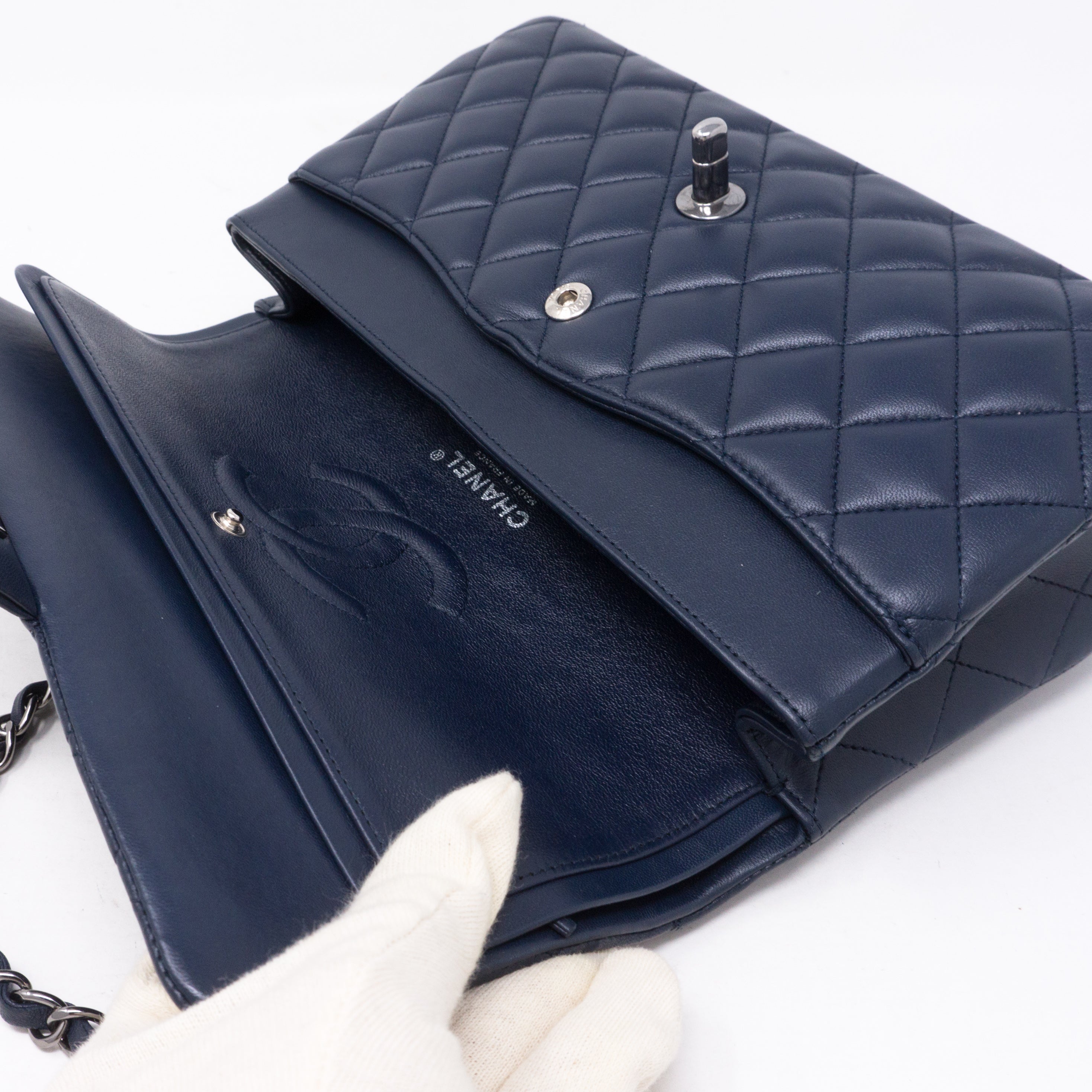 Classic Double Flap Medium Navy Blue Silver