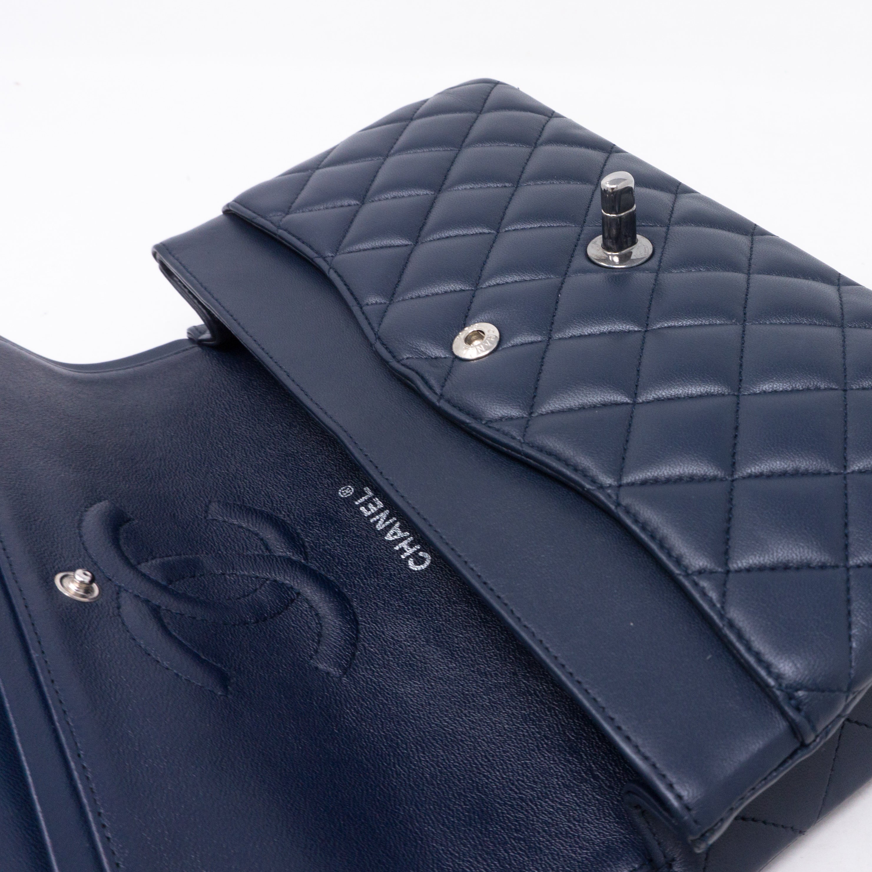 Classic Double Flap Medium Navy Blue Silver