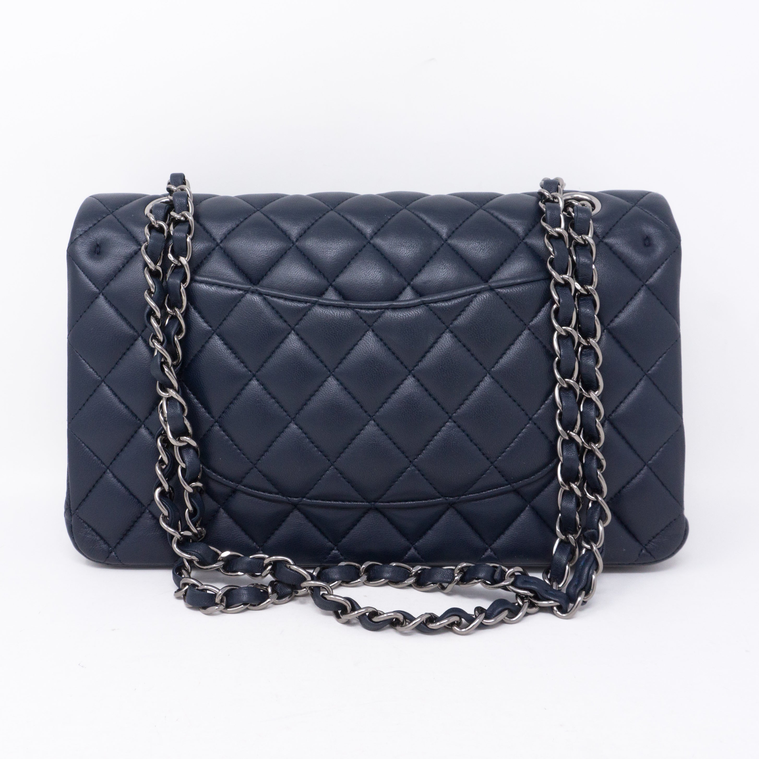 Classic Double Flap Medium Navy Blue Silver