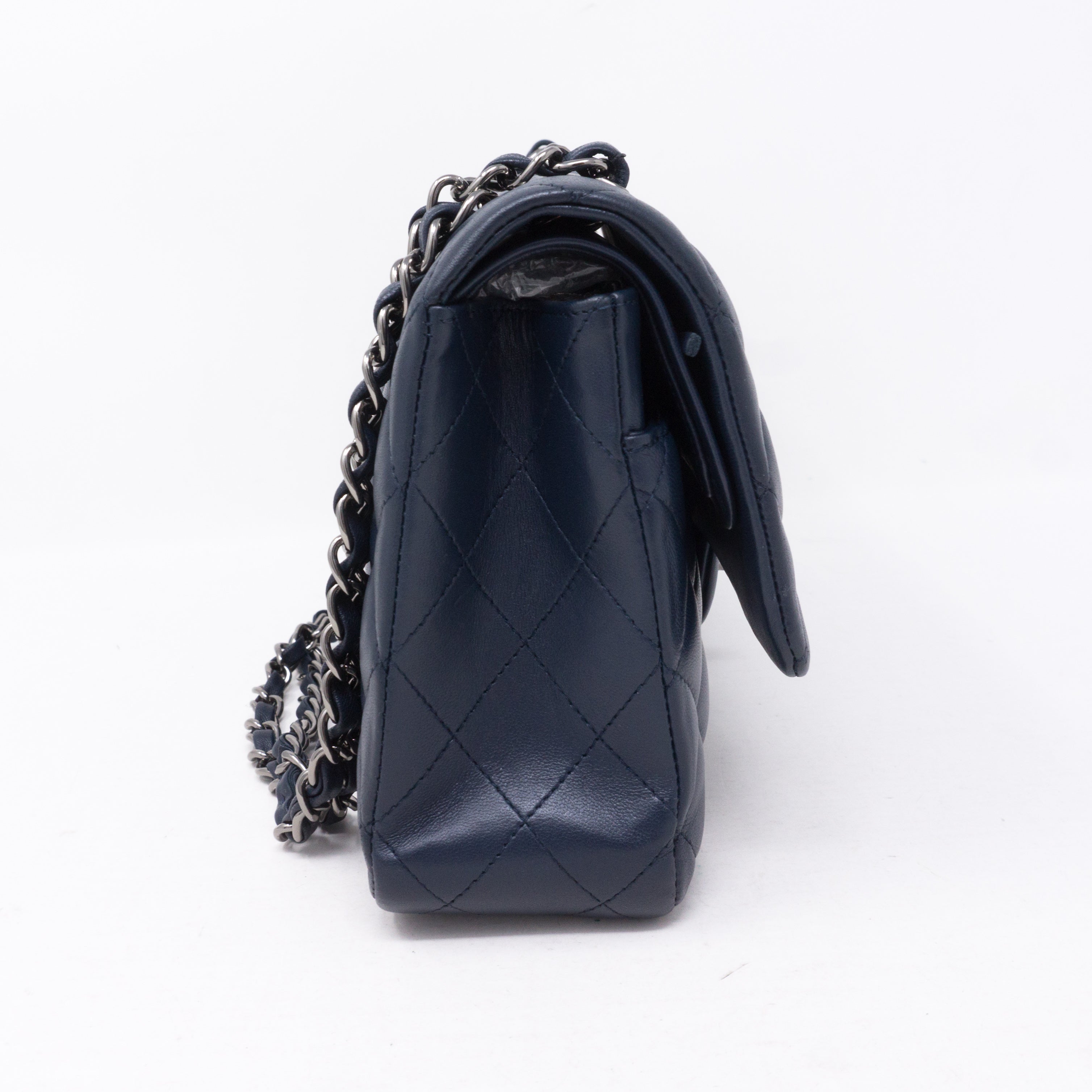 Classic Double Flap Medium Navy Blue Silver