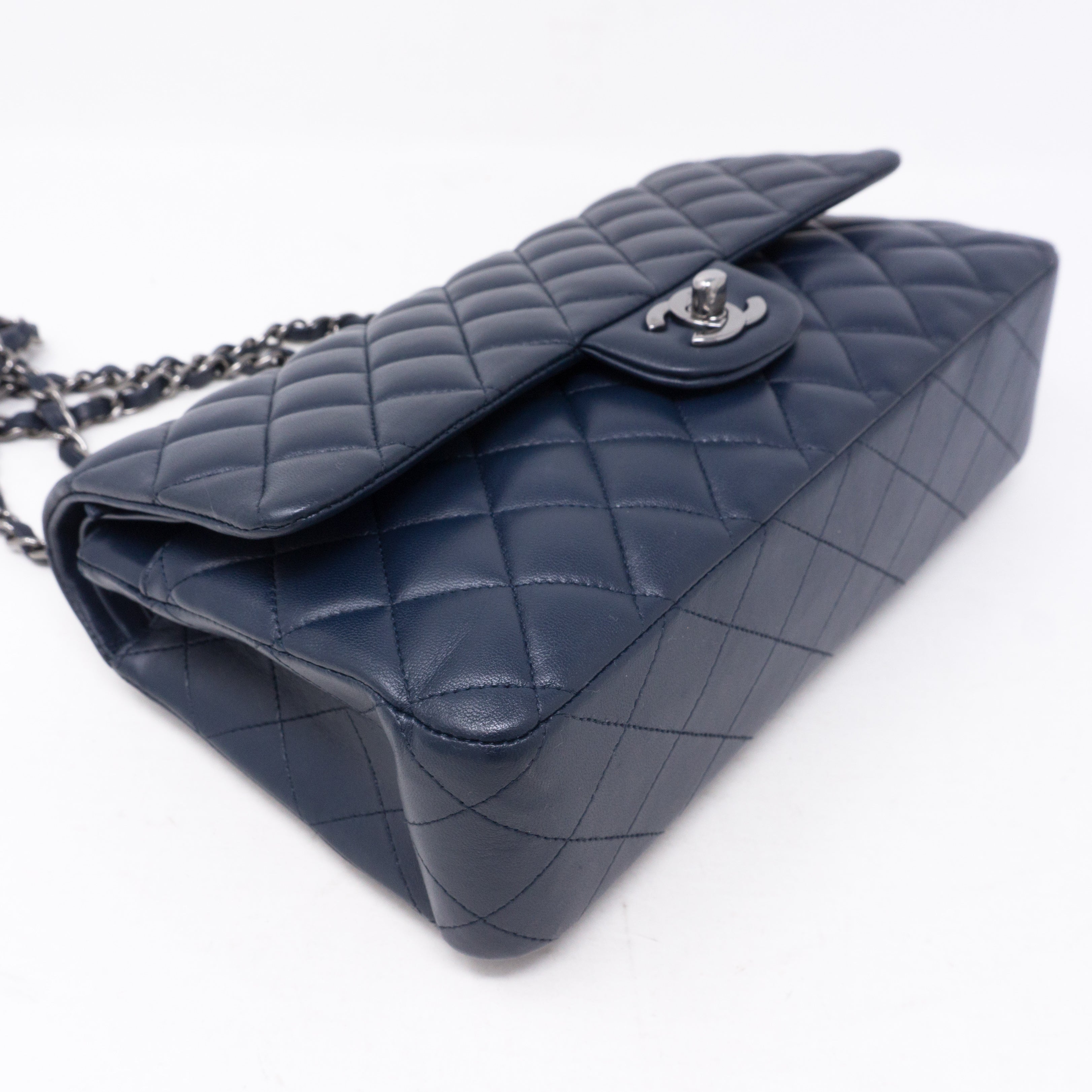 Classic Double Flap Medium Navy Blue Silver