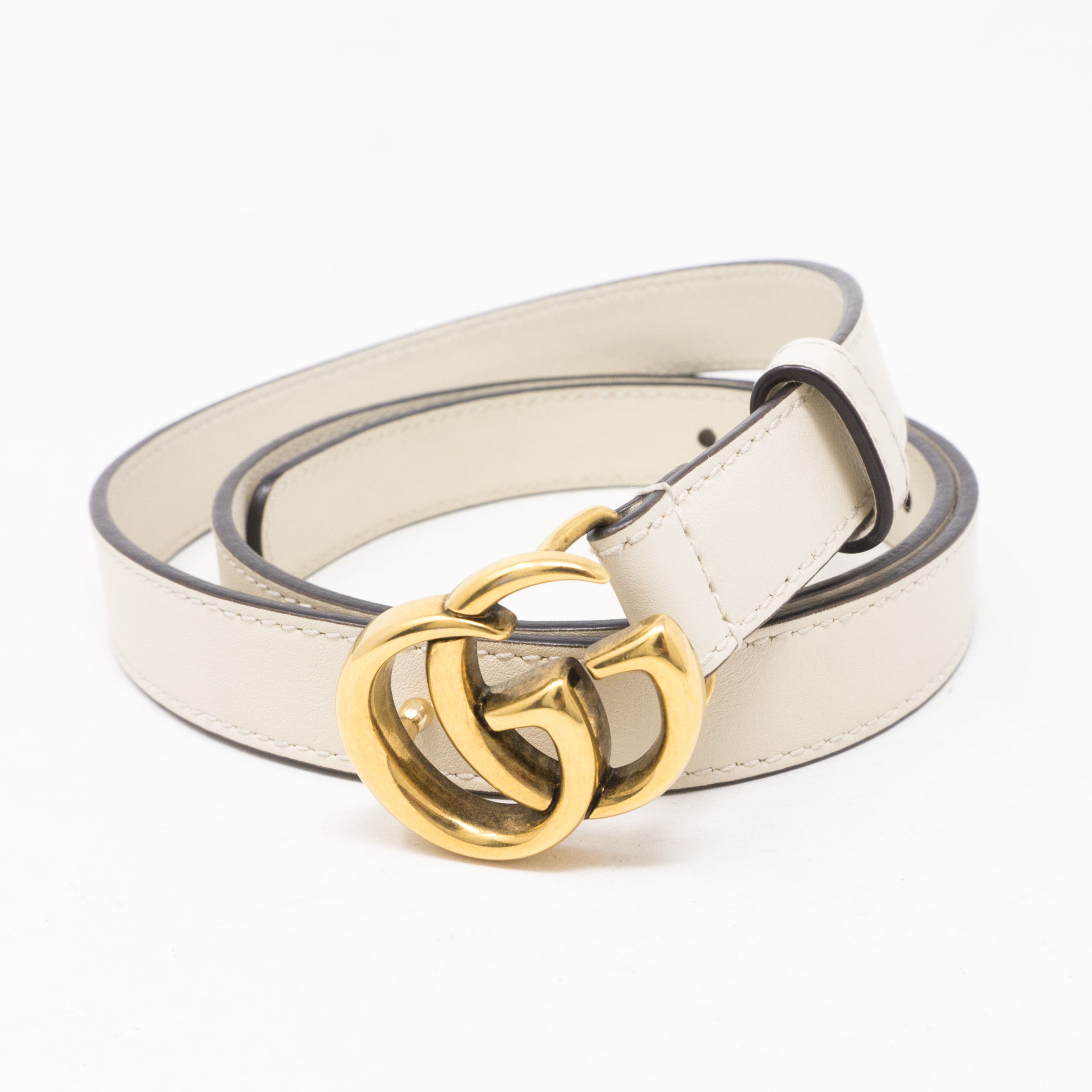 Double G Buckle White Leather Slim Belt 85 cm
