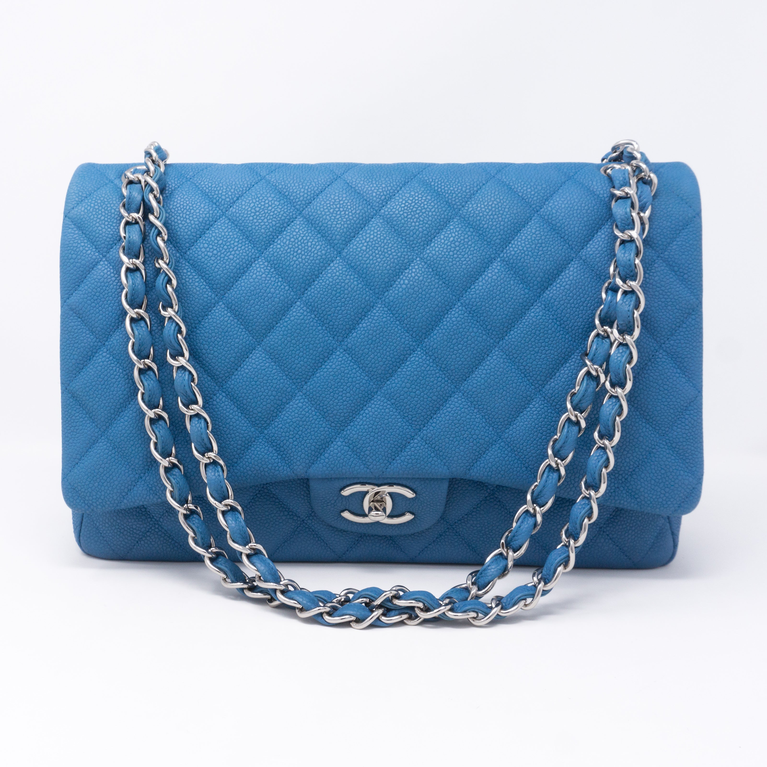 Classic Double Flap Maxi Blue Matte Caviar Leather