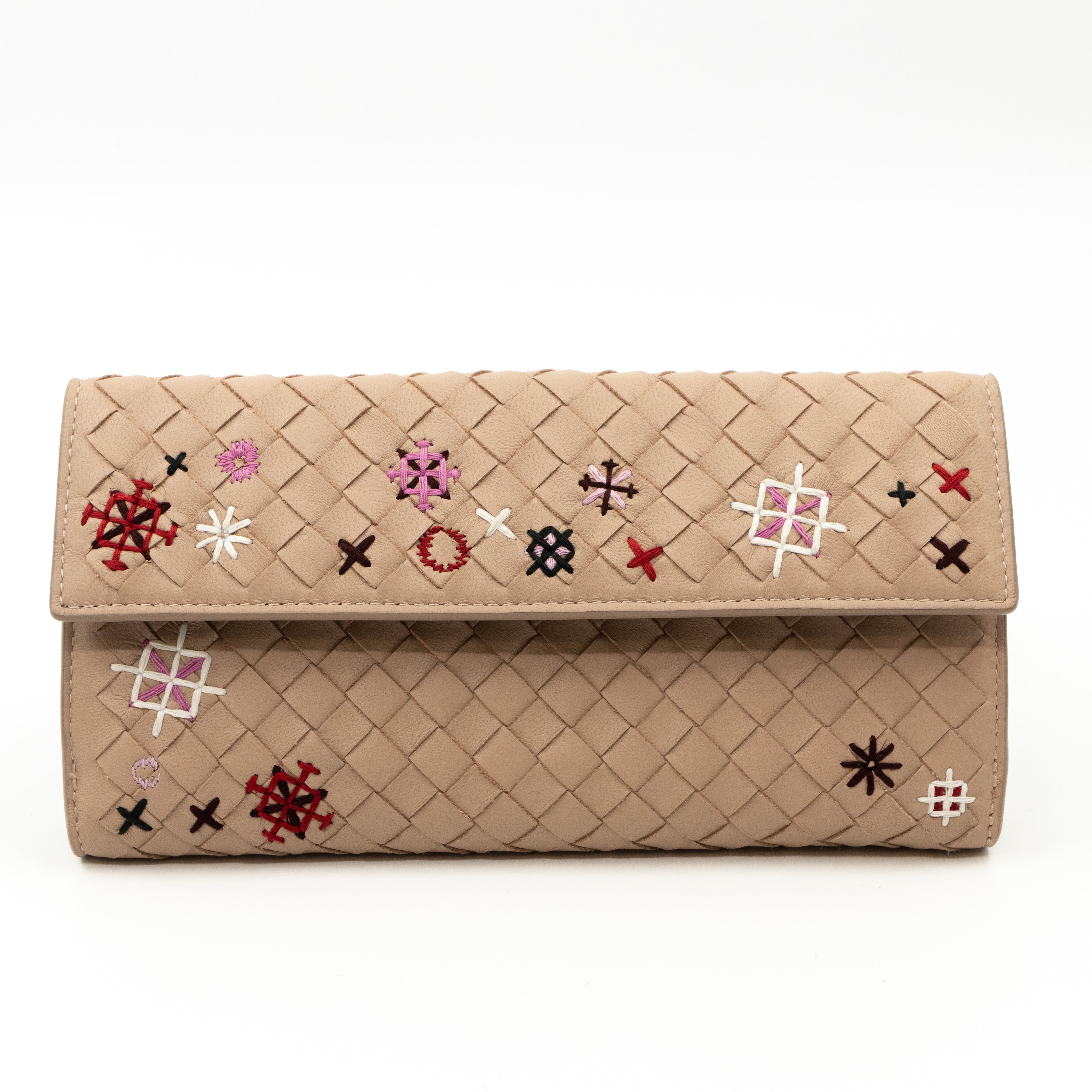 Trifold Wallet Embroidered Intrecciato Leather Beige