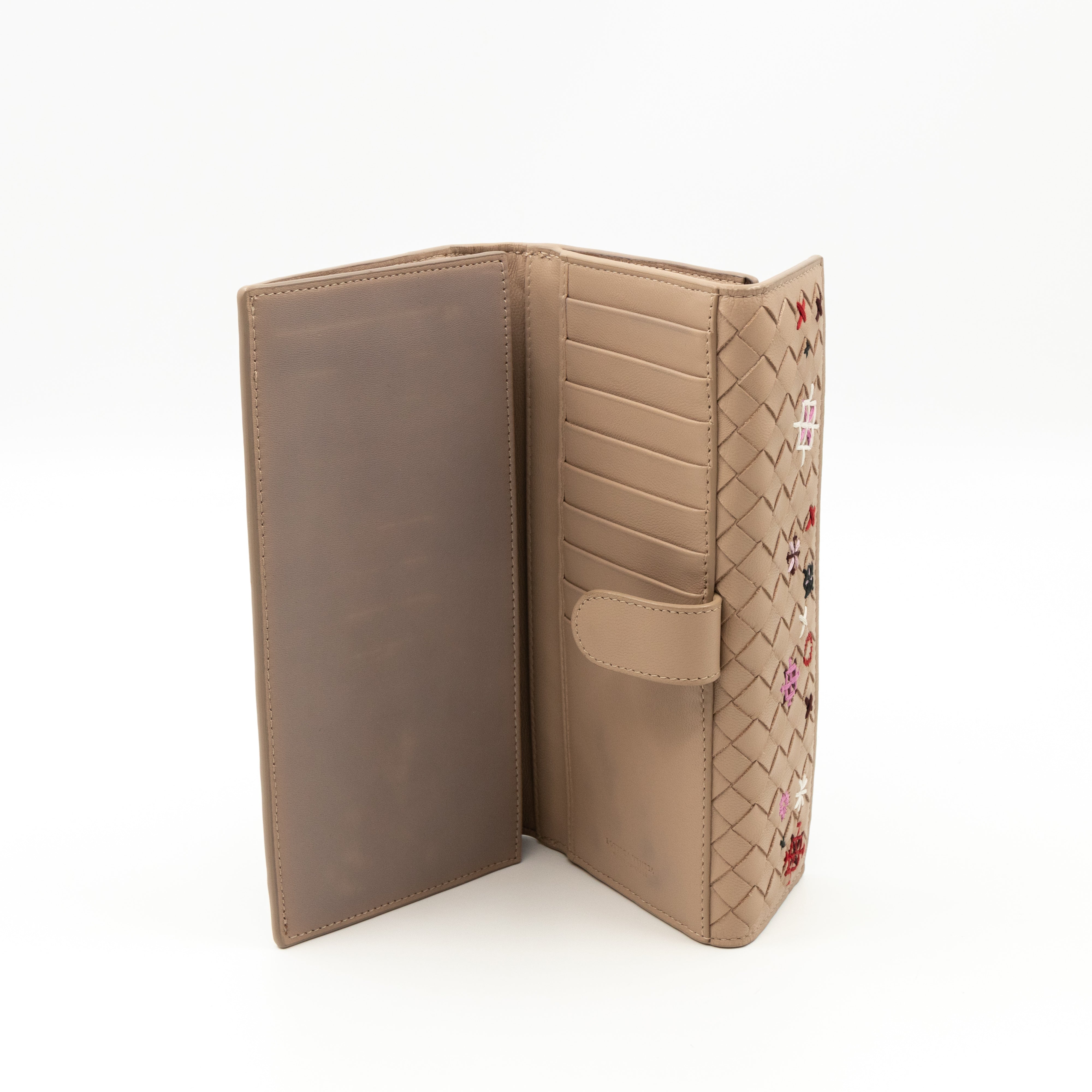 Trifold Wallet Embroidered Intrecciato Leather Beige