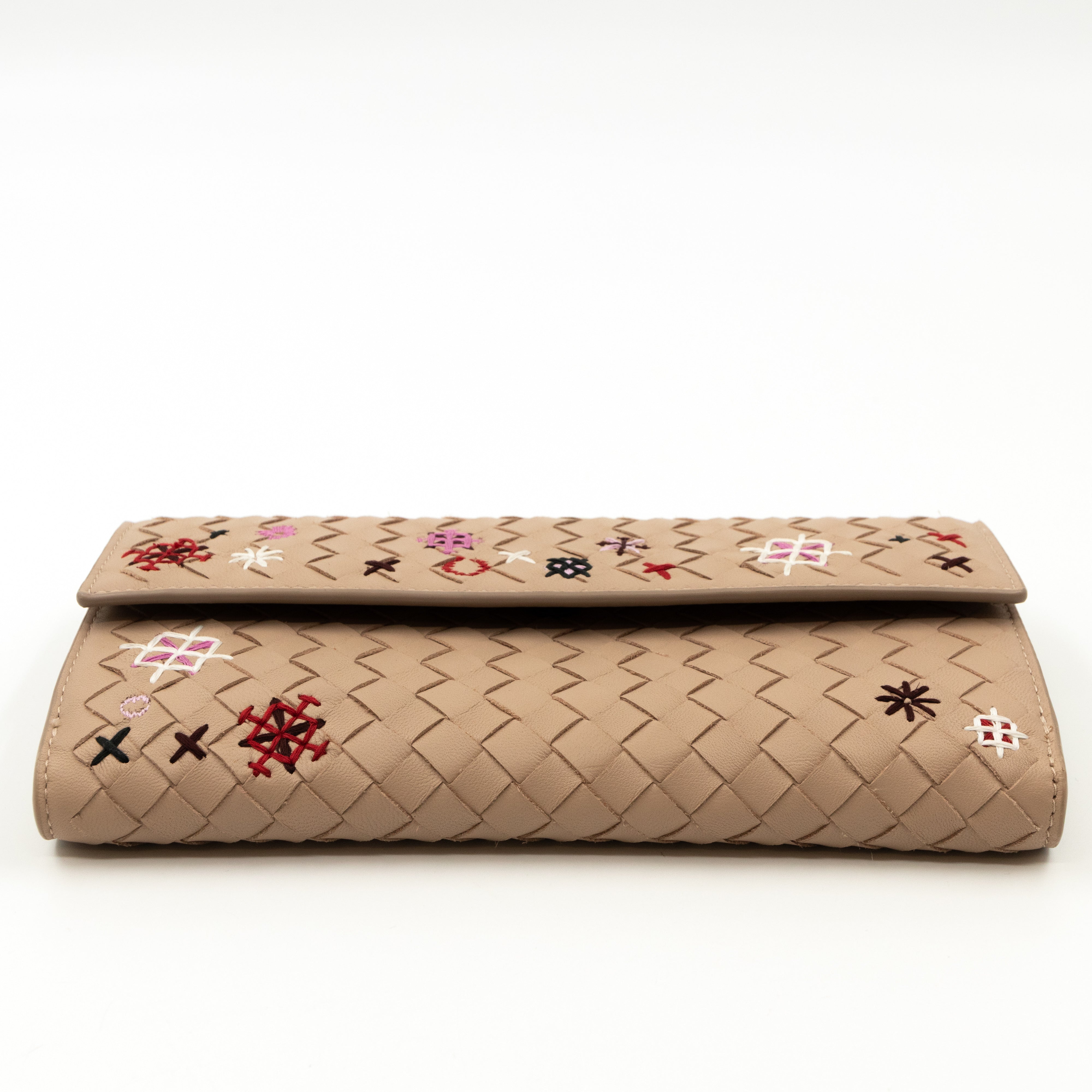 Trifold Wallet Embroidered Intrecciato Leather Beige