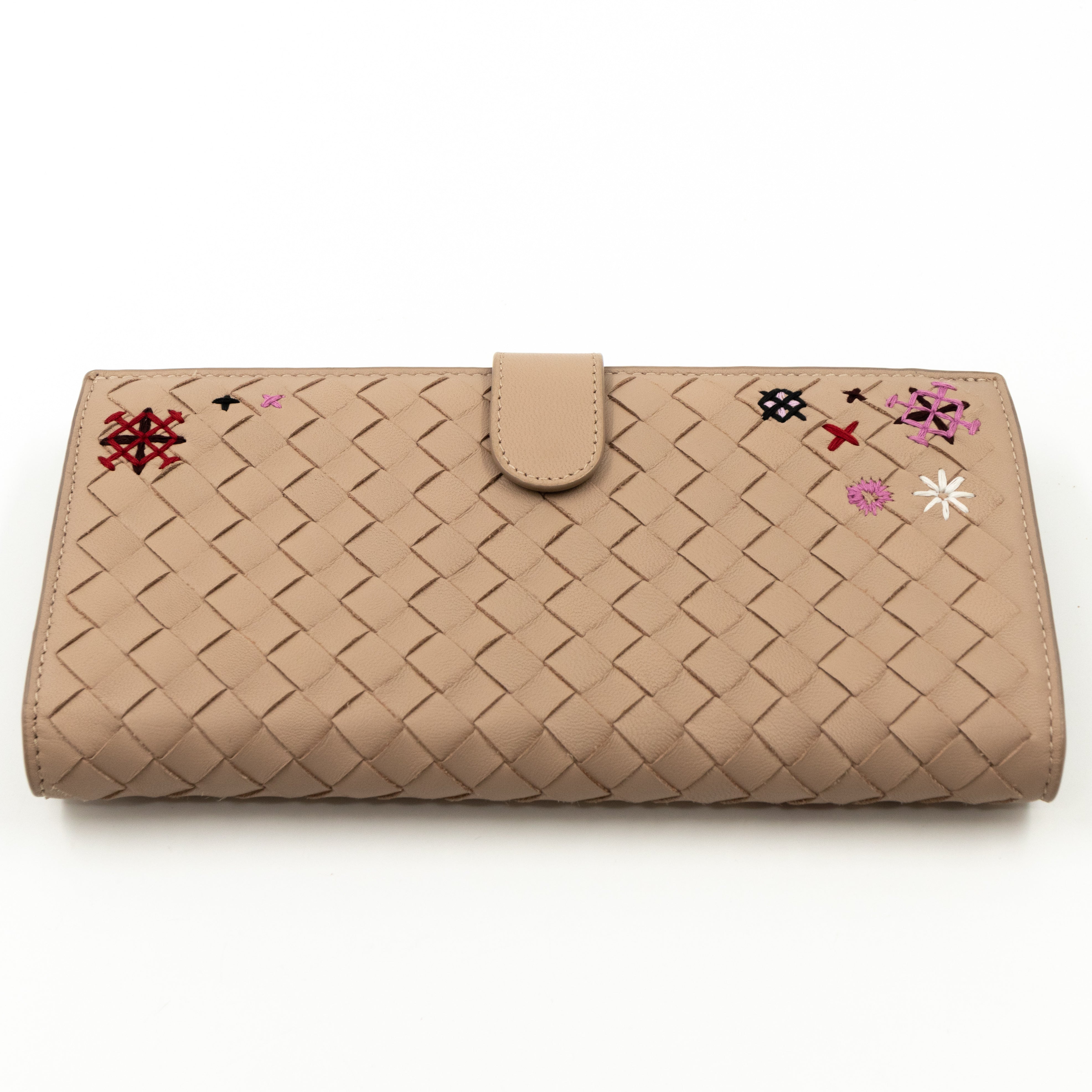 Trifold Wallet Embroidered Intrecciato Leather Beige