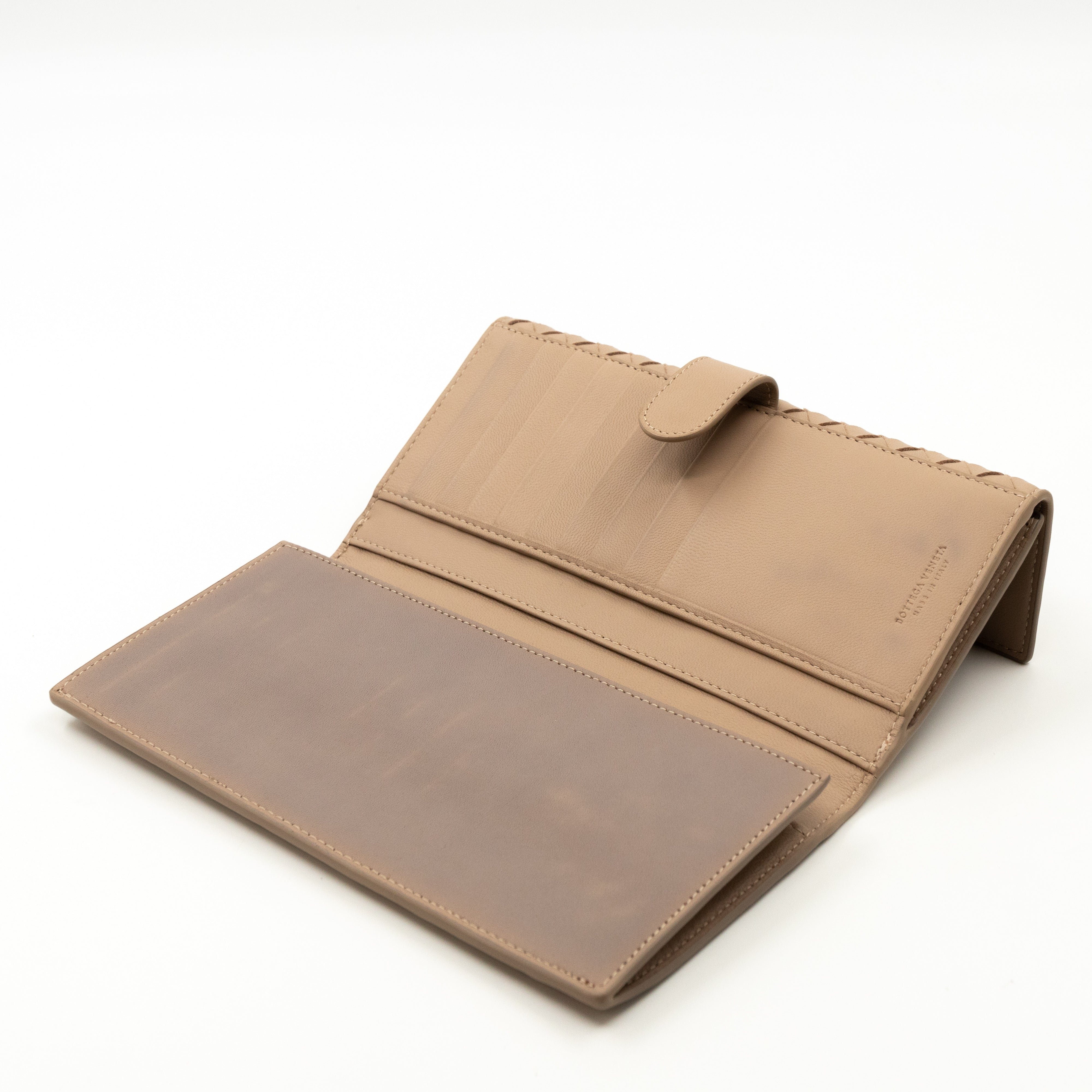 Trifold Wallet Embroidered Intrecciato Leather Beige
