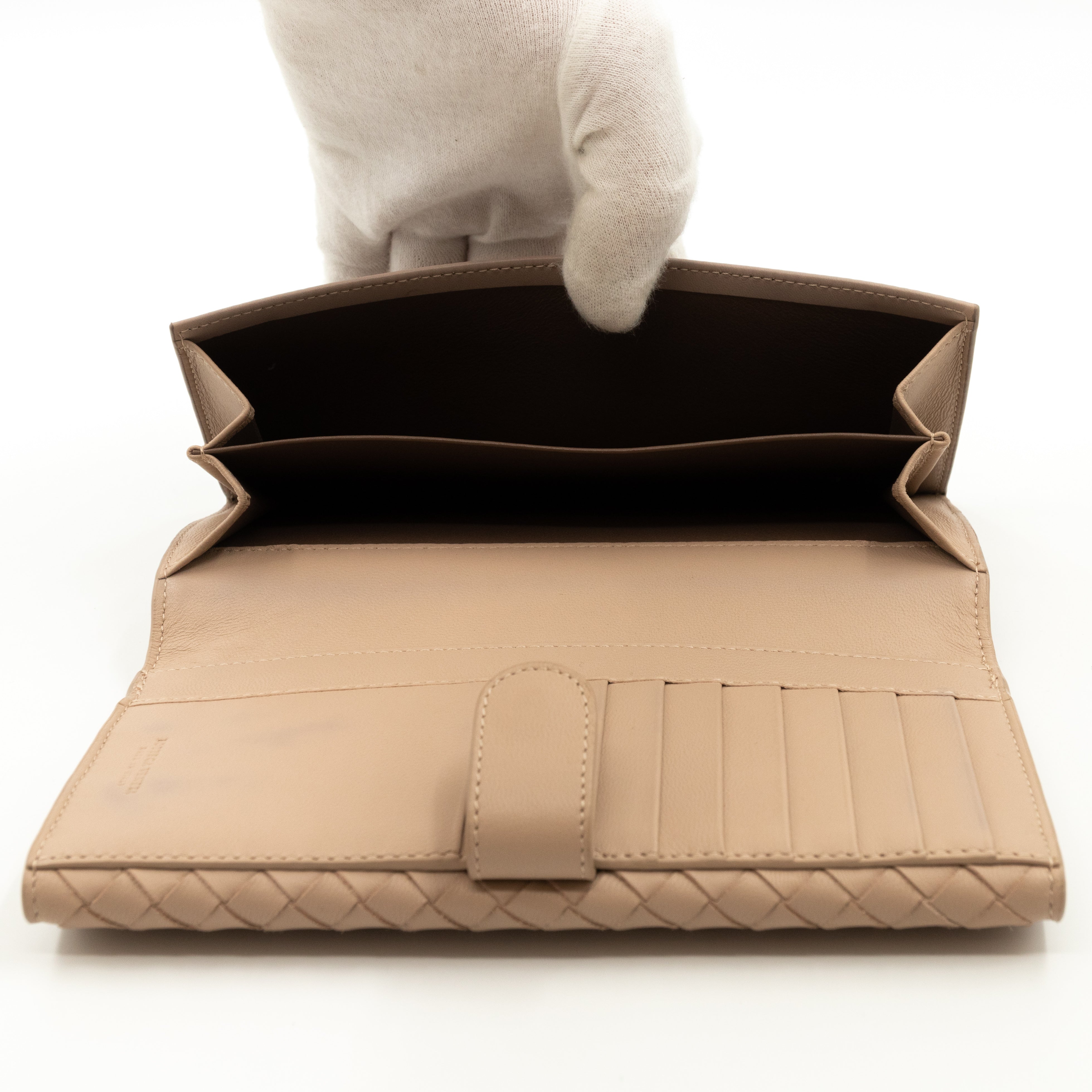 Trifold Wallet Embroidered Intrecciato Leather Beige