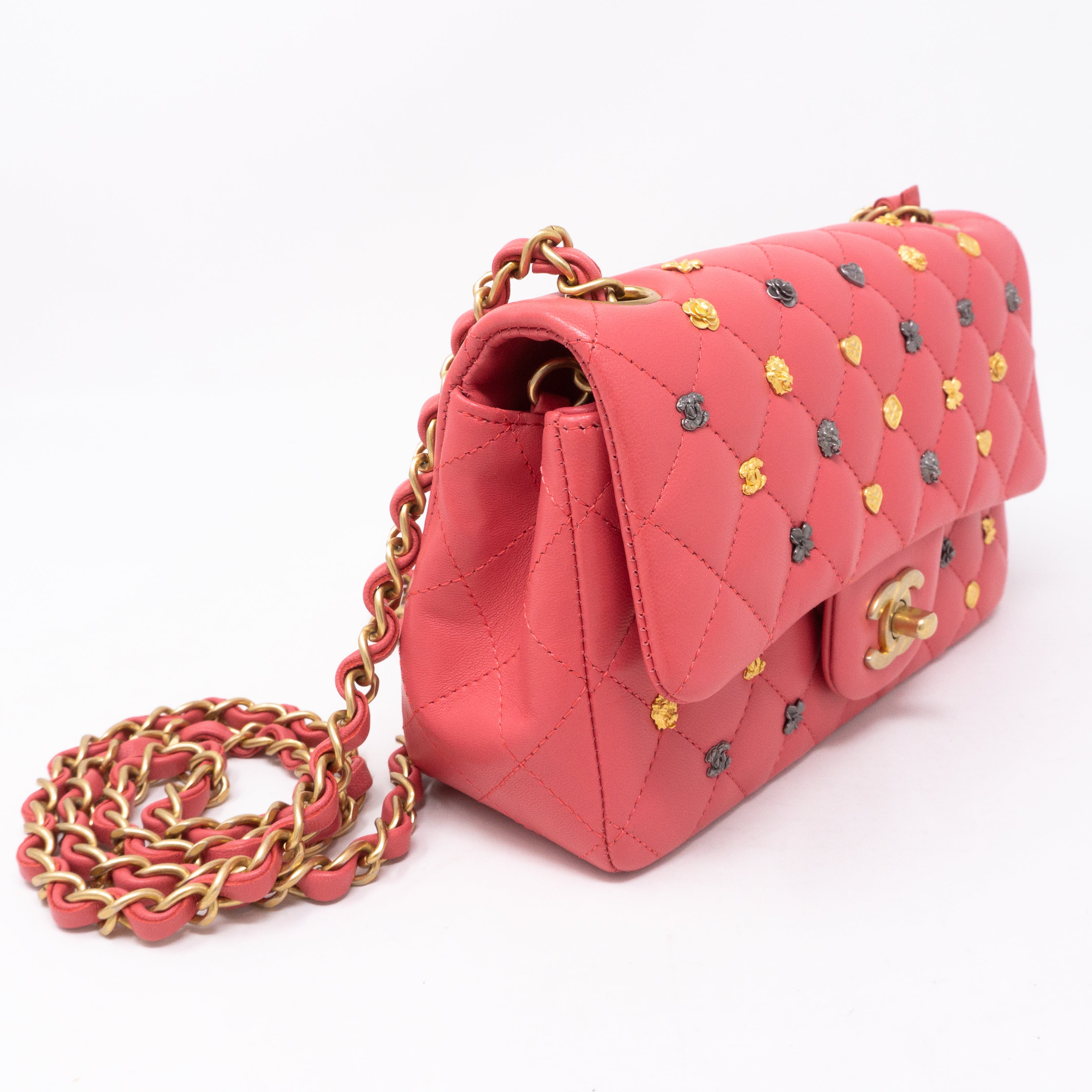 Classic Single Flap Mini Charms Pink Leather