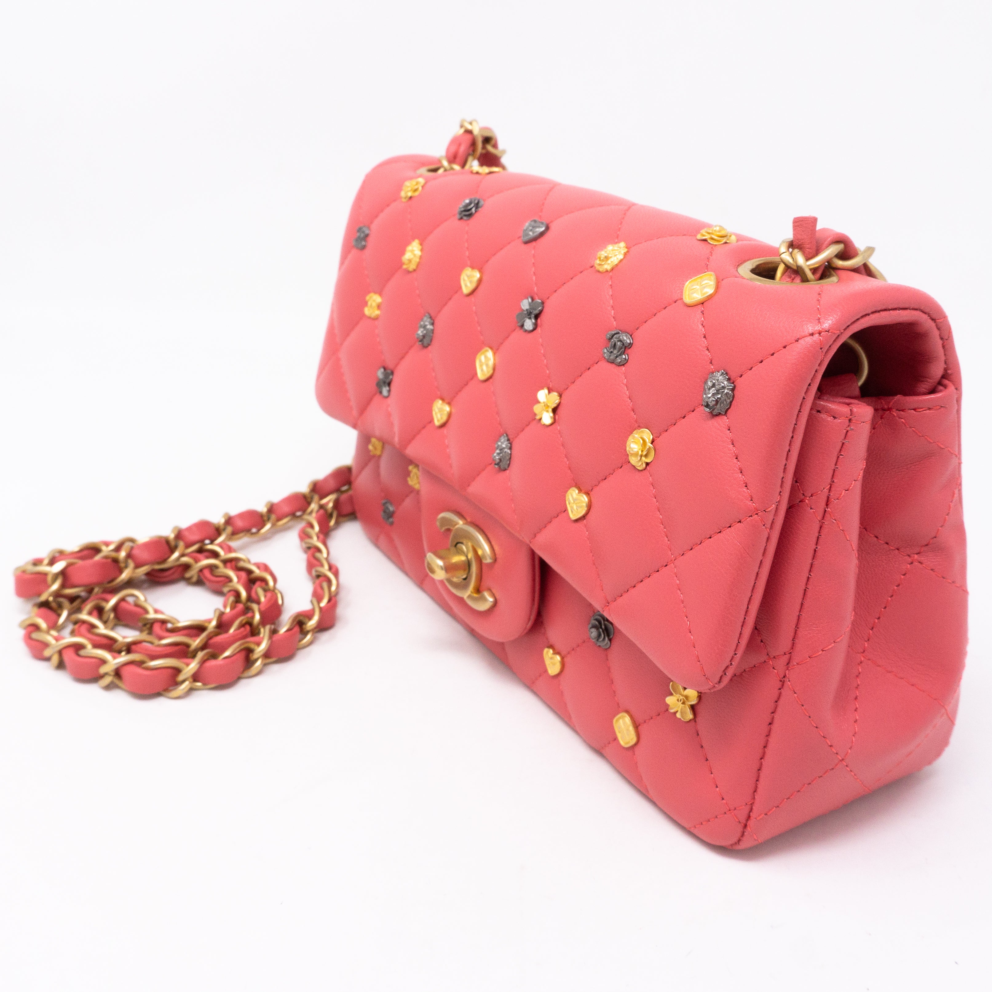 Classic Single Flap Mini Charms Pink Leather