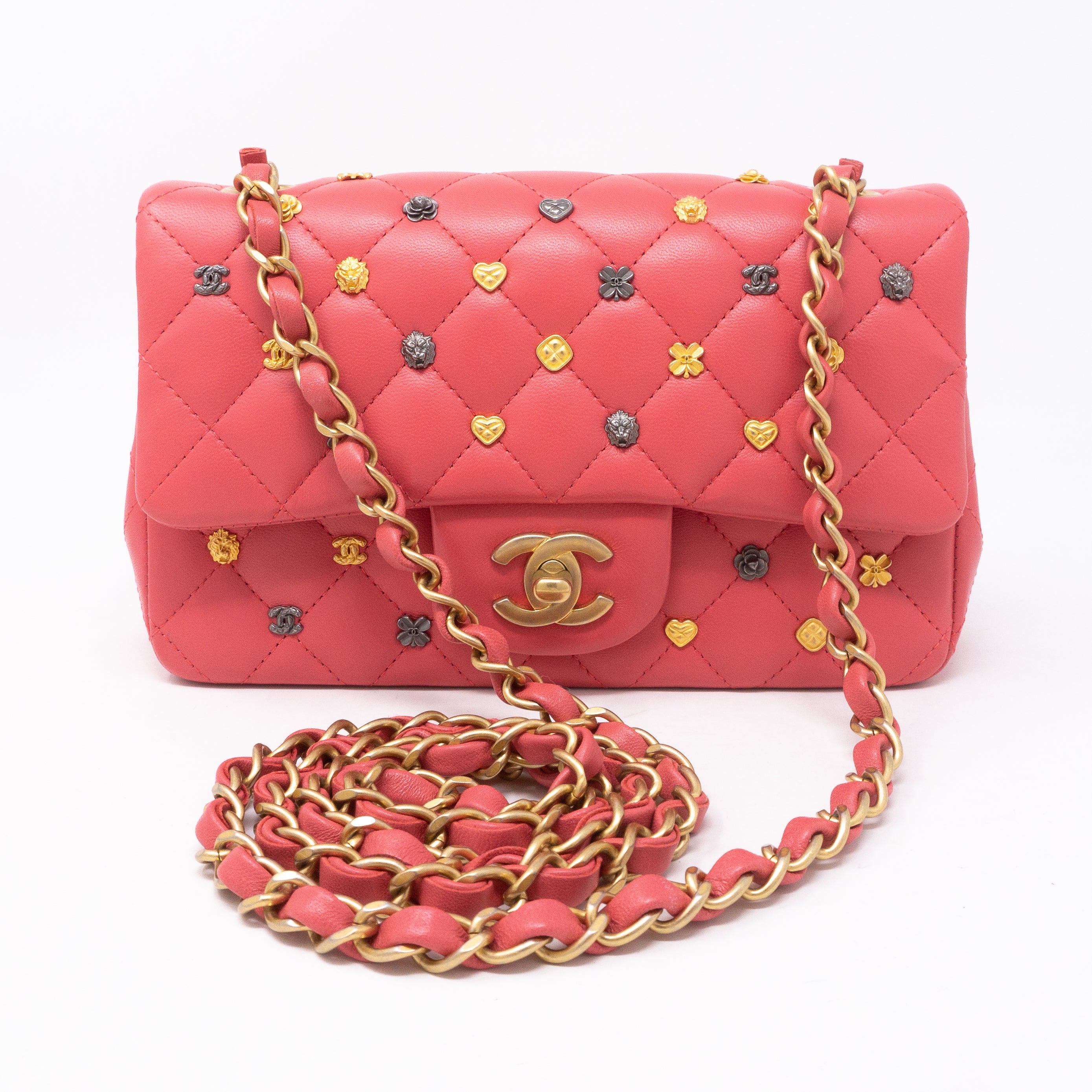 Classic Single Flap Mini Charms Pink Leather