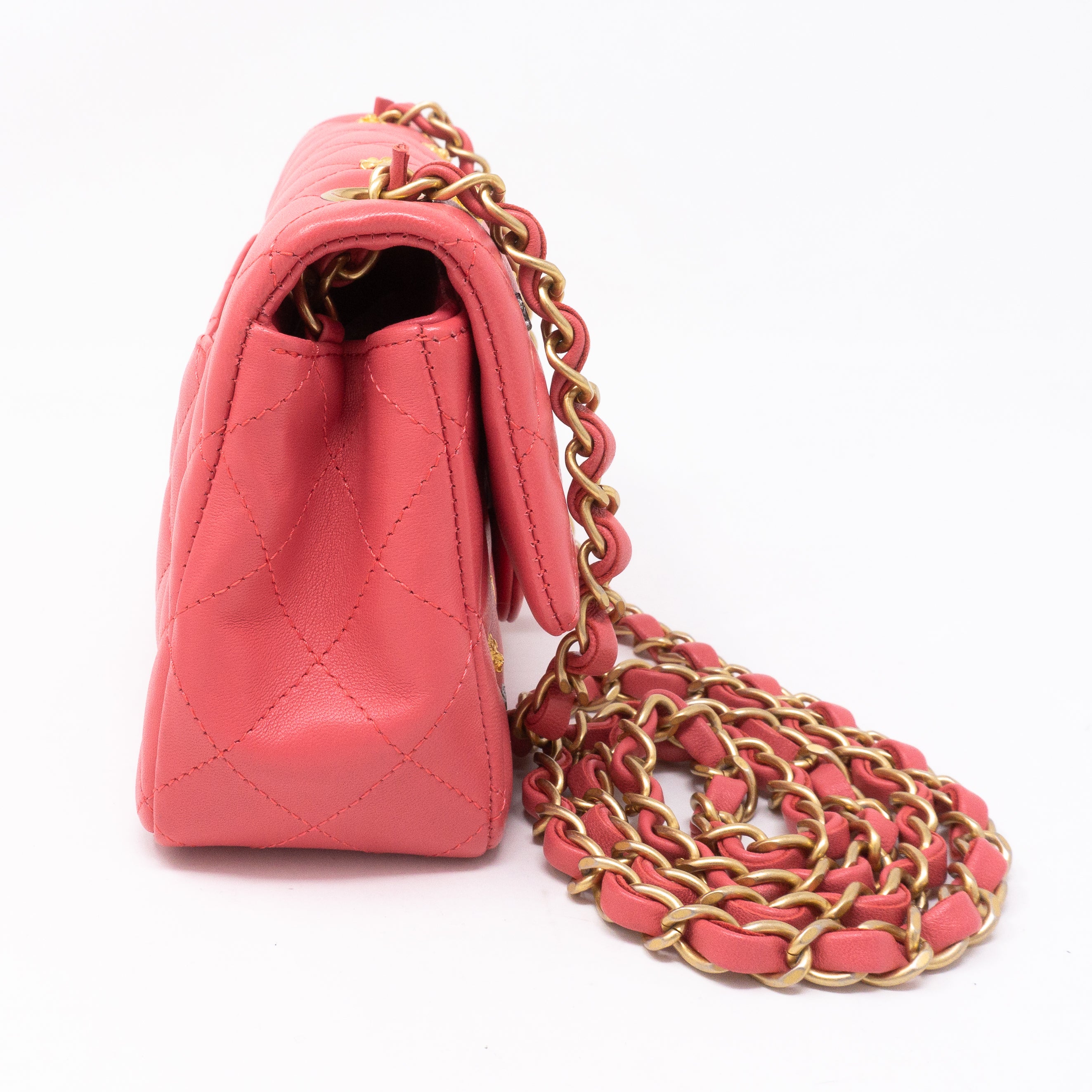 Classic Single Flap Mini Charms Pink Leather