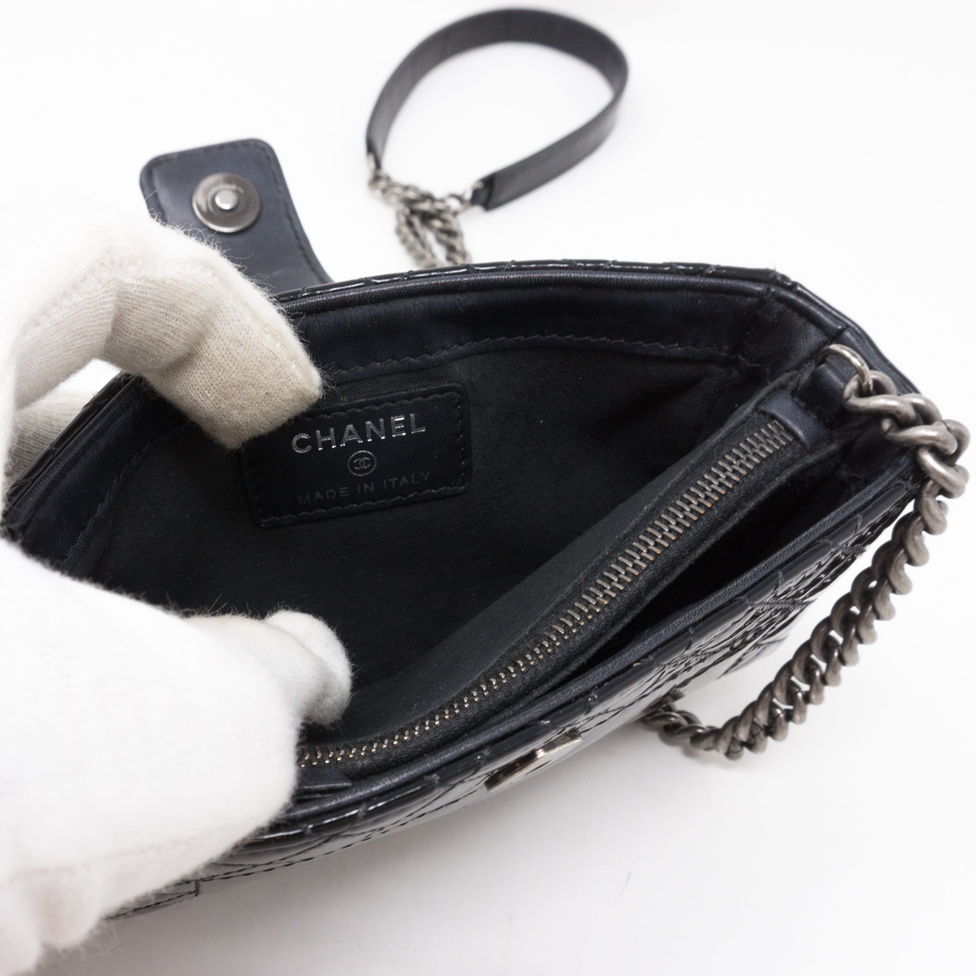 Mini Phone Holder Chain Black Patent Leather