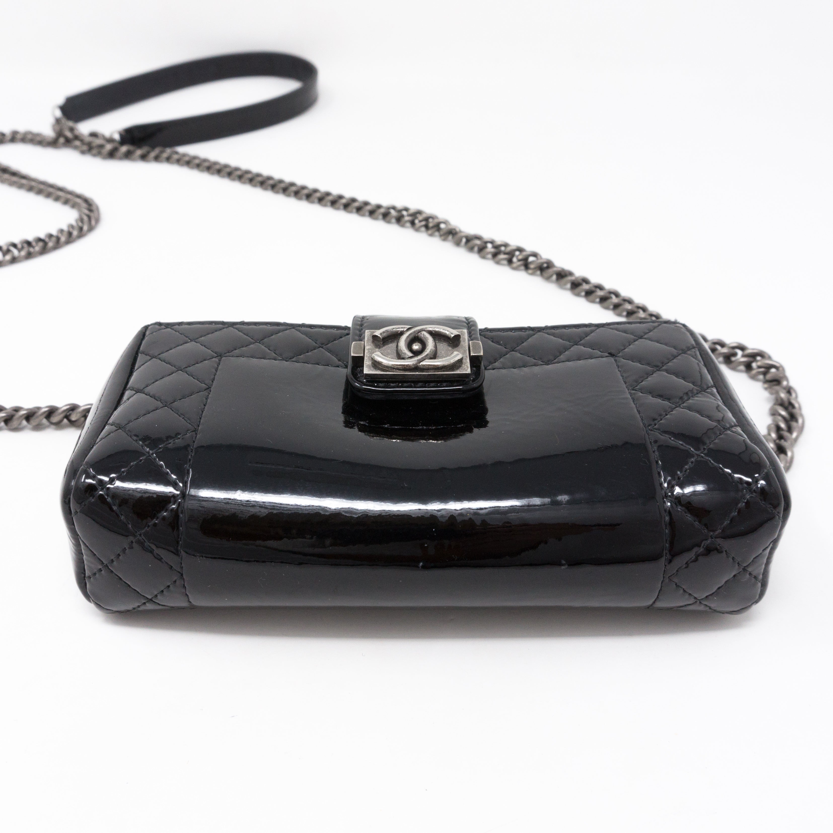 Mini Phone Holder Chain Black Patent Leather