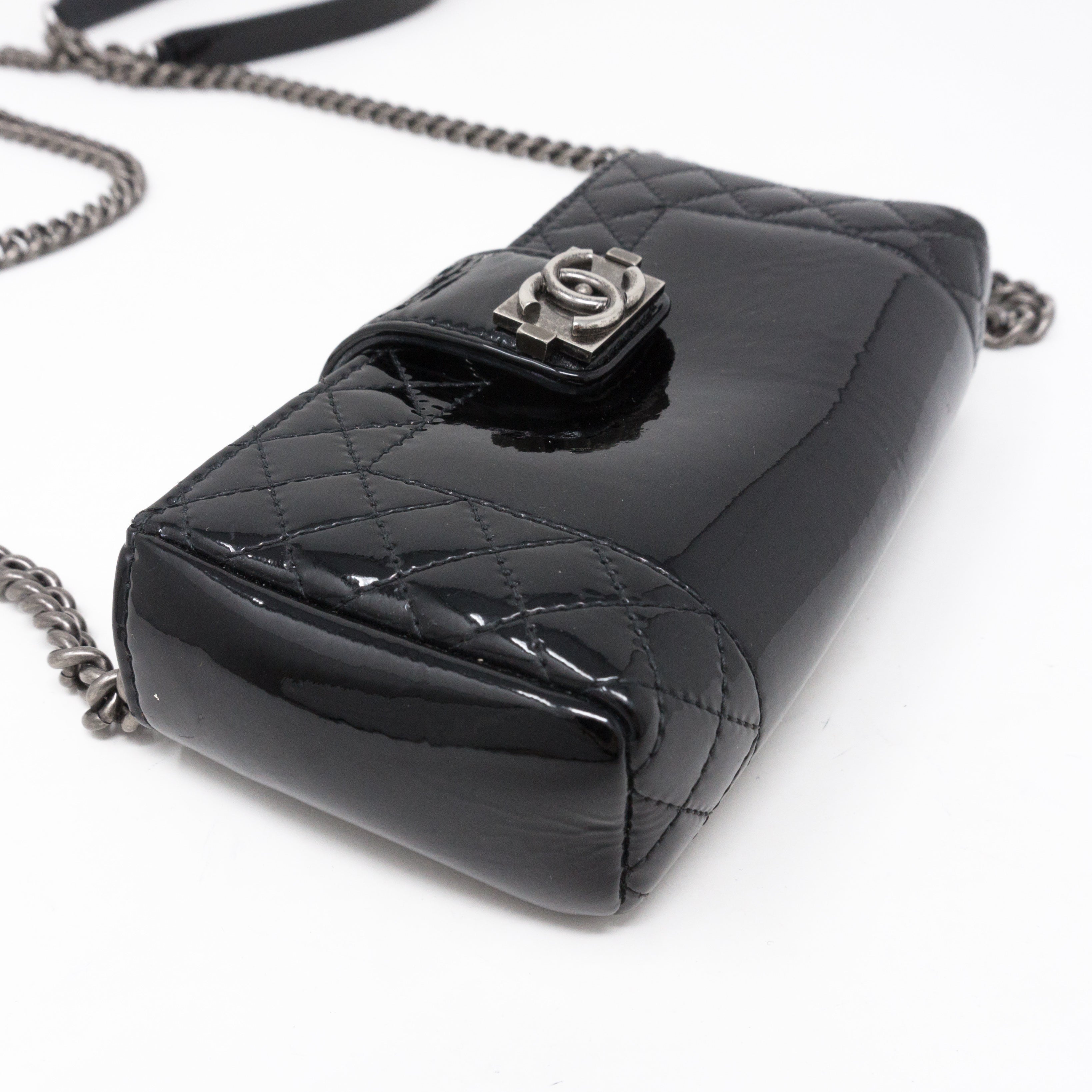 Mini Phone Holder Chain Black Patent Leather