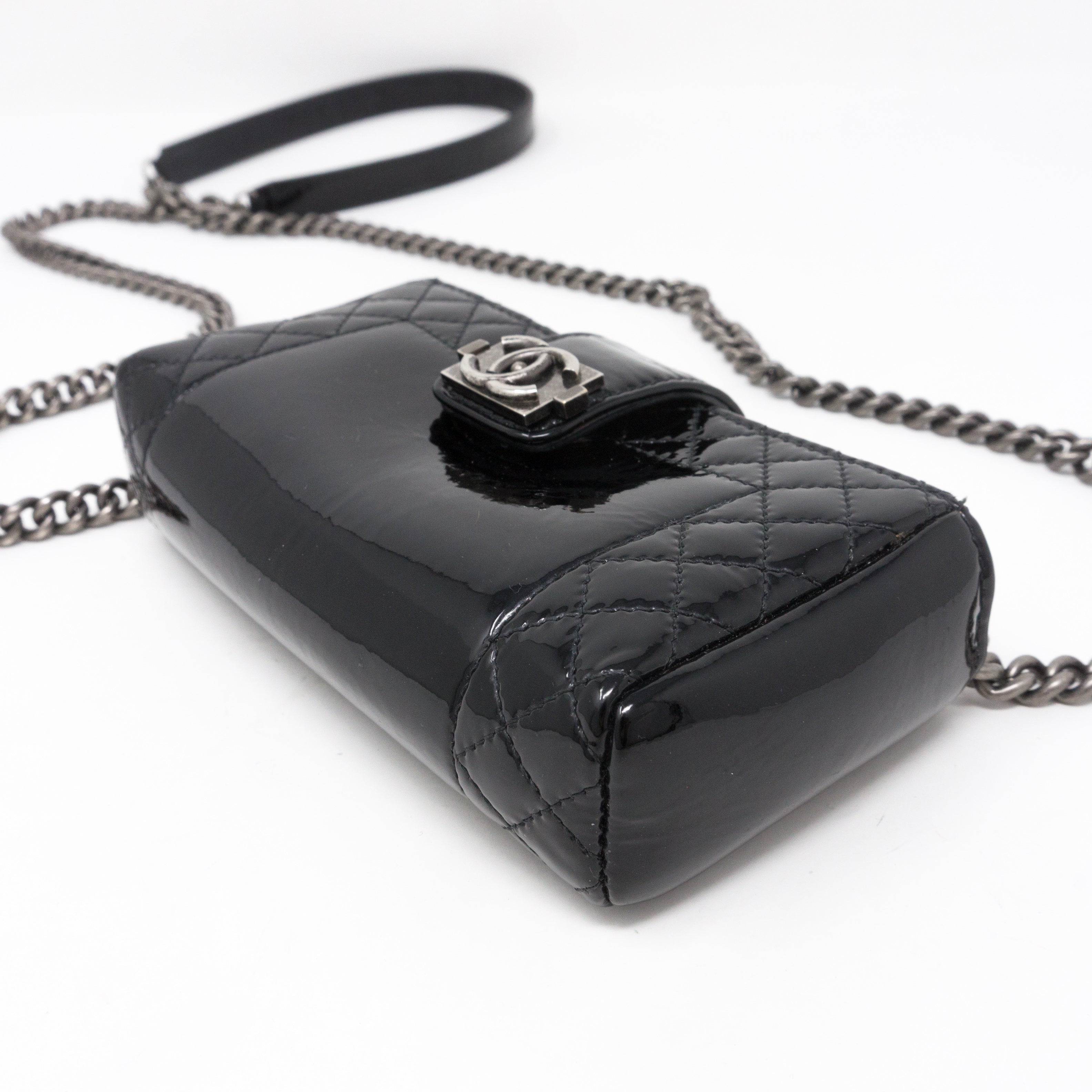 Mini Phone Holder Chain Black Patent Leather