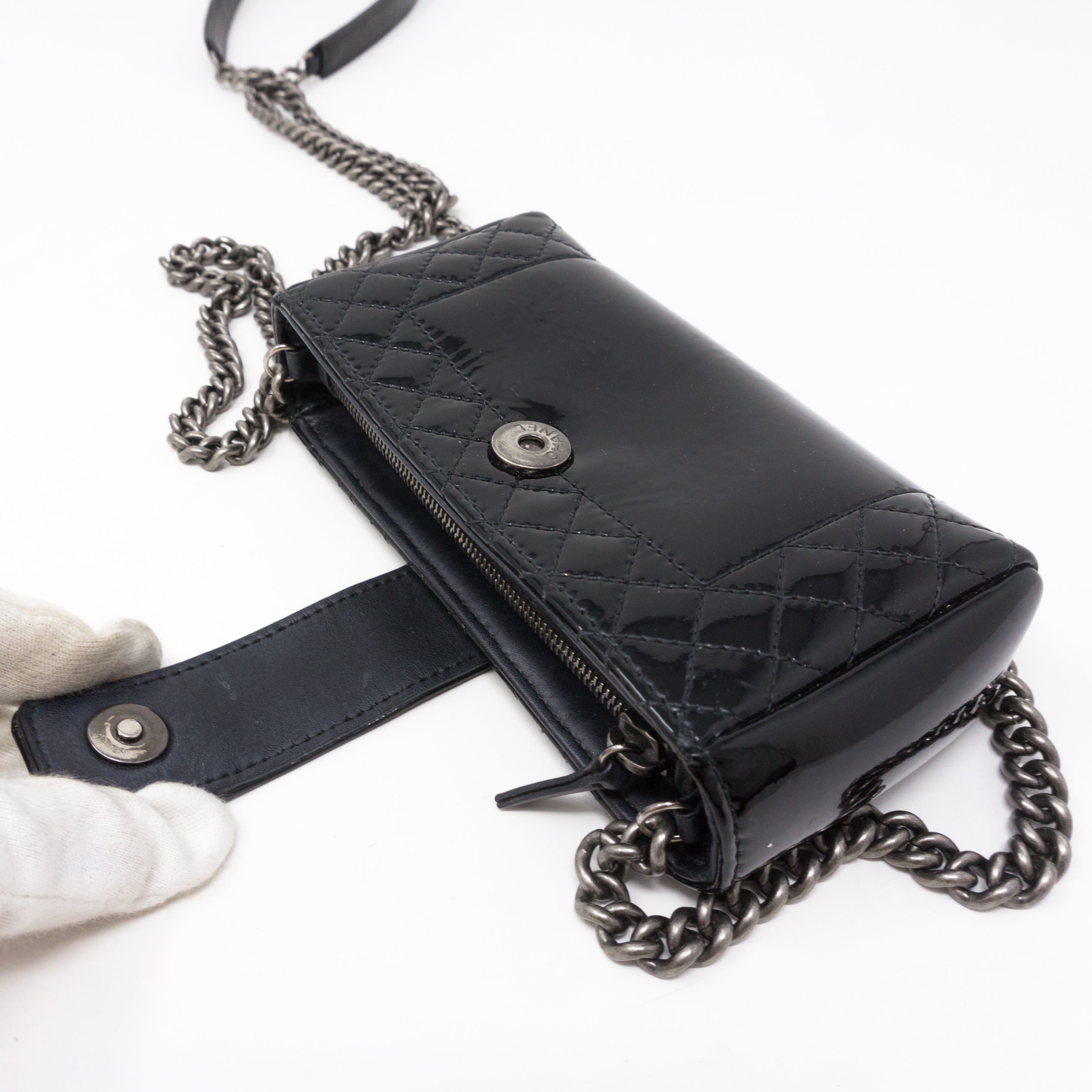 Mini Phone Holder Chain Black Patent Leather