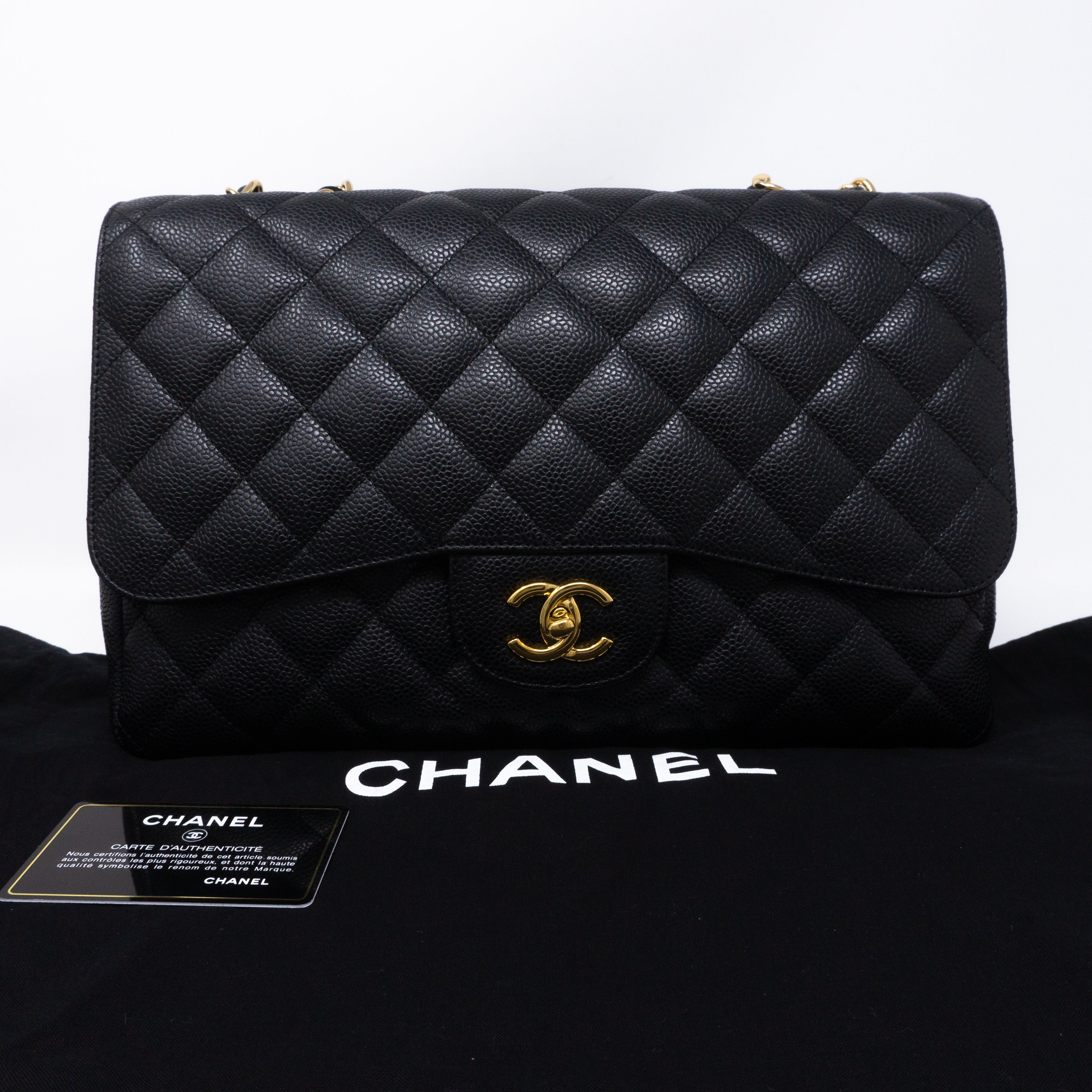 Classic Single Flap Jumbo Black Caviar Gold