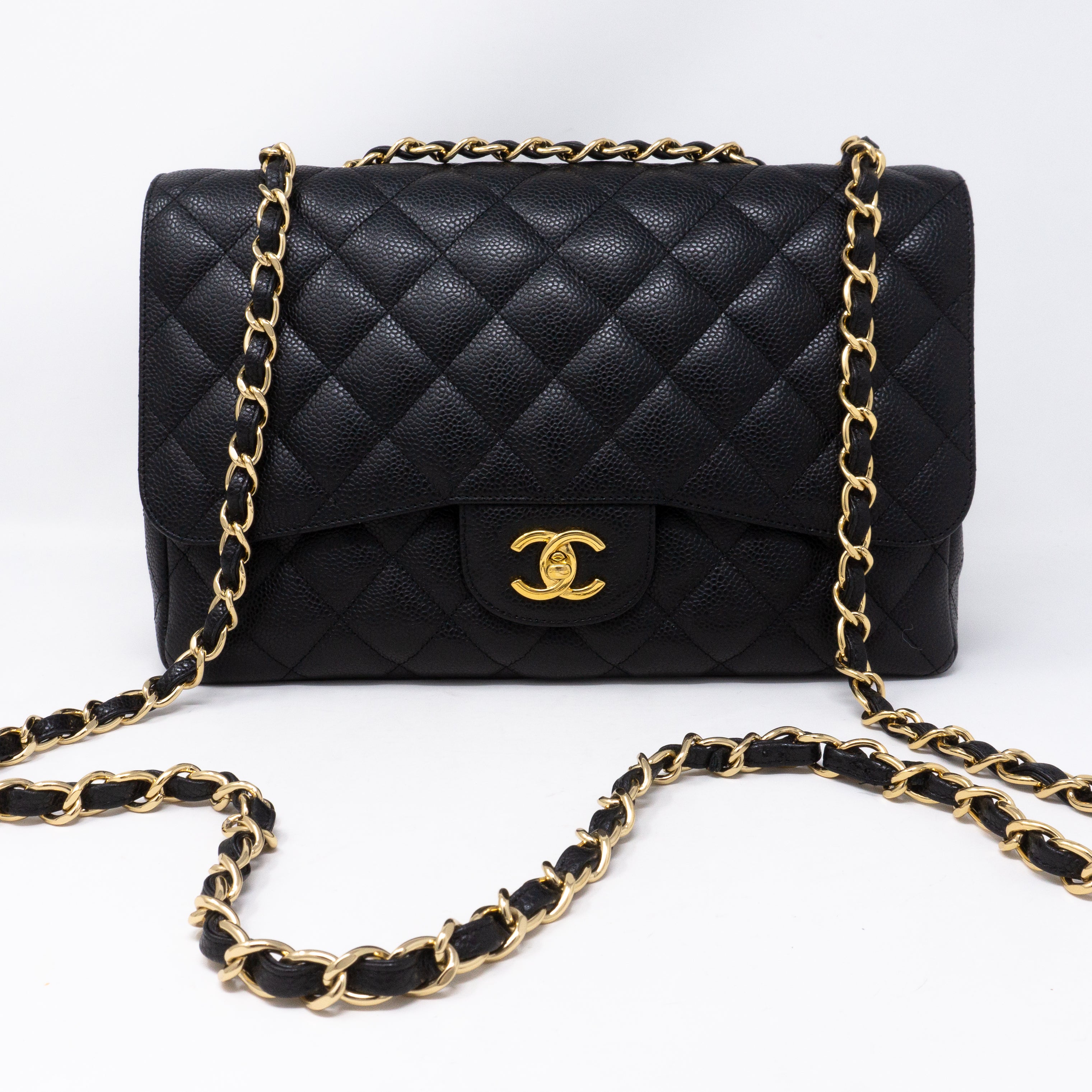 Classic Single Flap Jumbo Black Caviar Gold