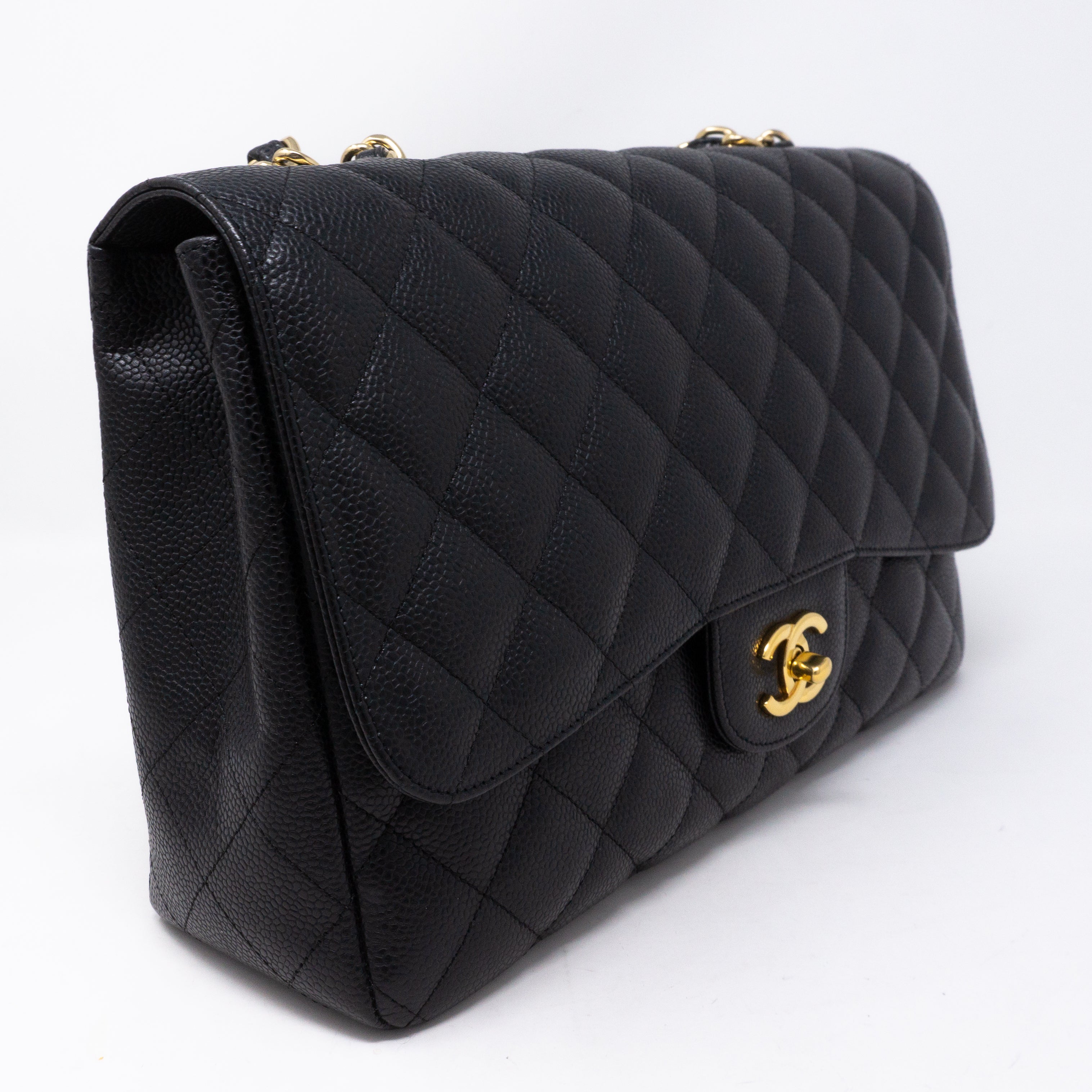 Classic Single Flap Jumbo Black Caviar Gold