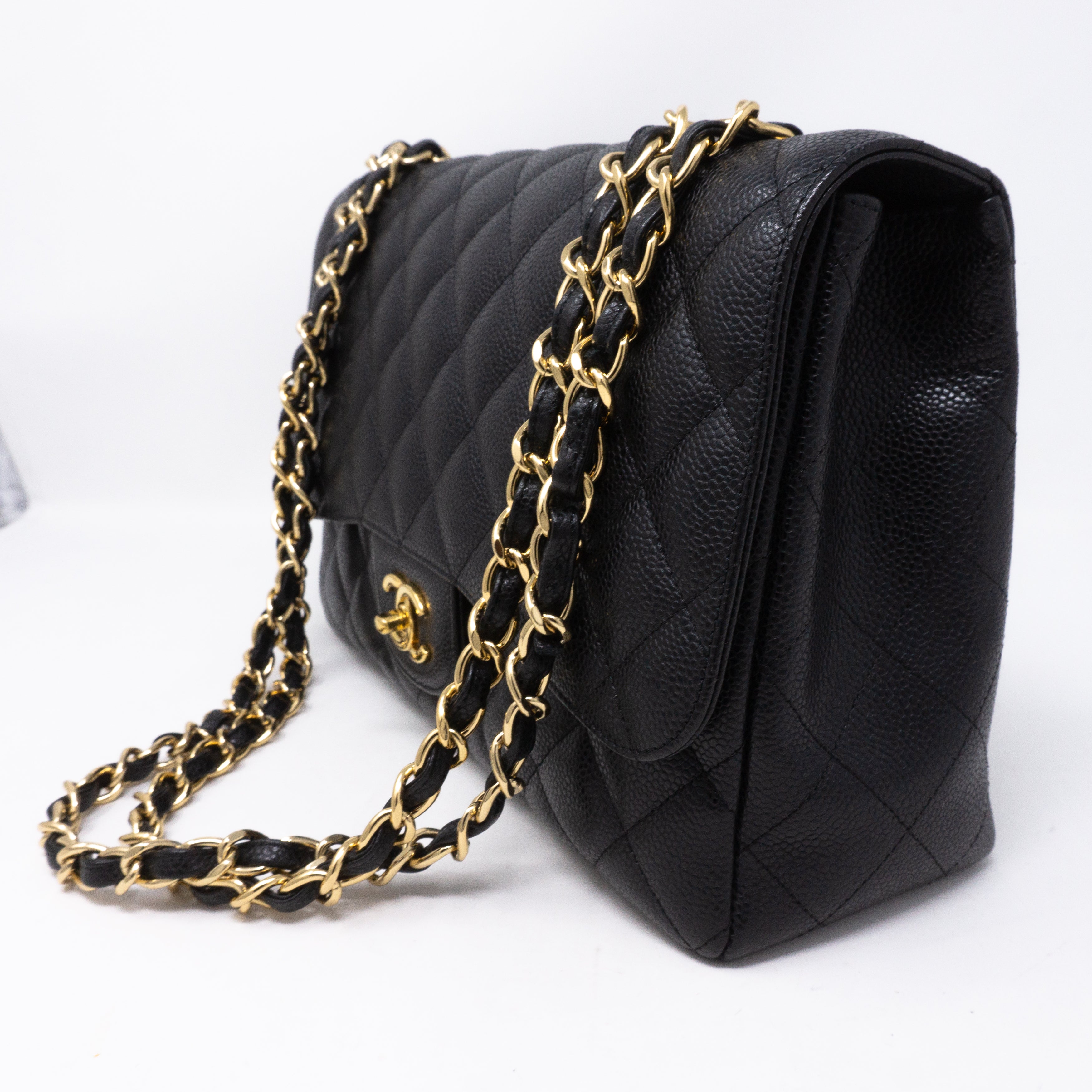 Classic Single Flap Jumbo Black Caviar Gold