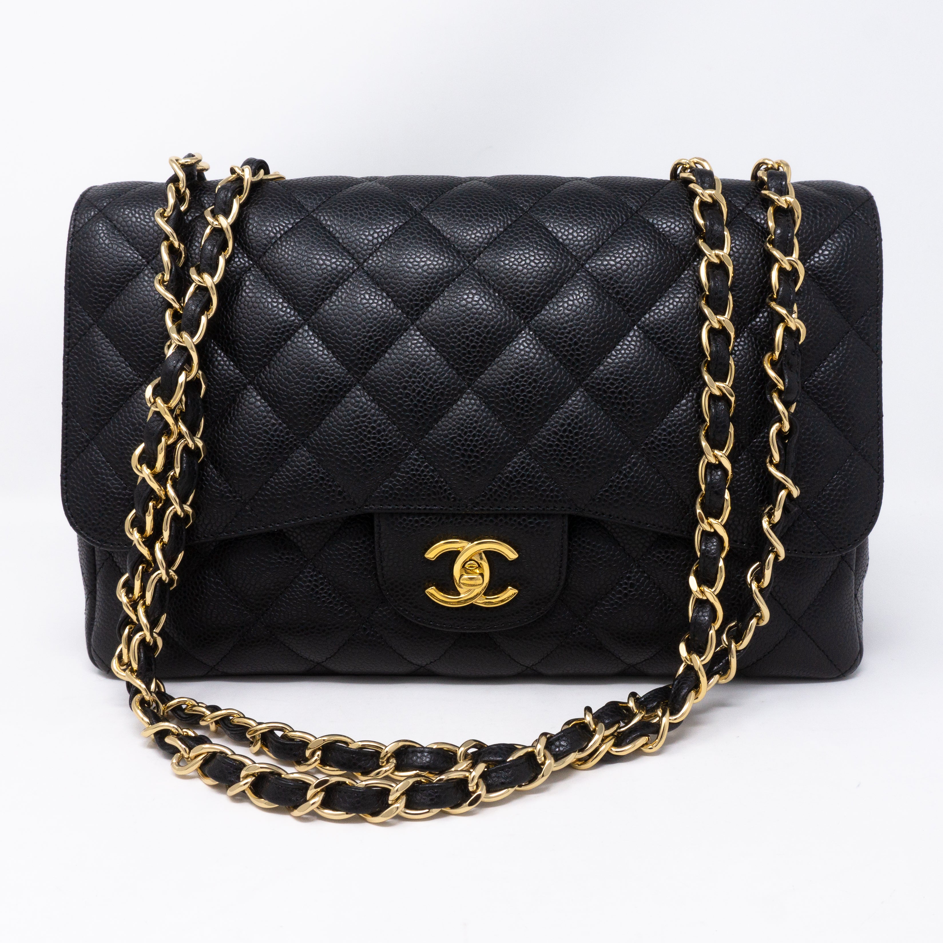 Classic Single Flap Jumbo Black Caviar Gold