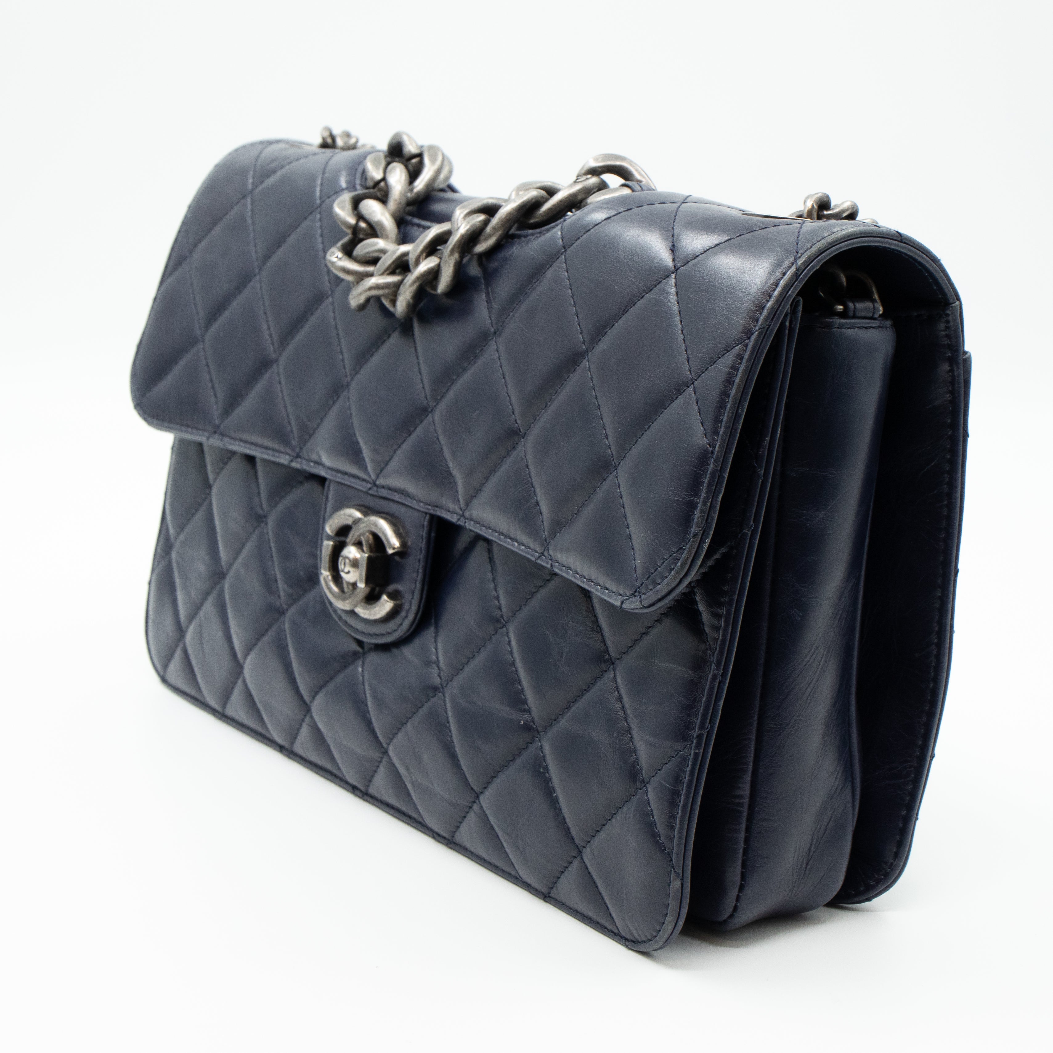 Perfect Edge Flap Large Navy Glazed Calfskin