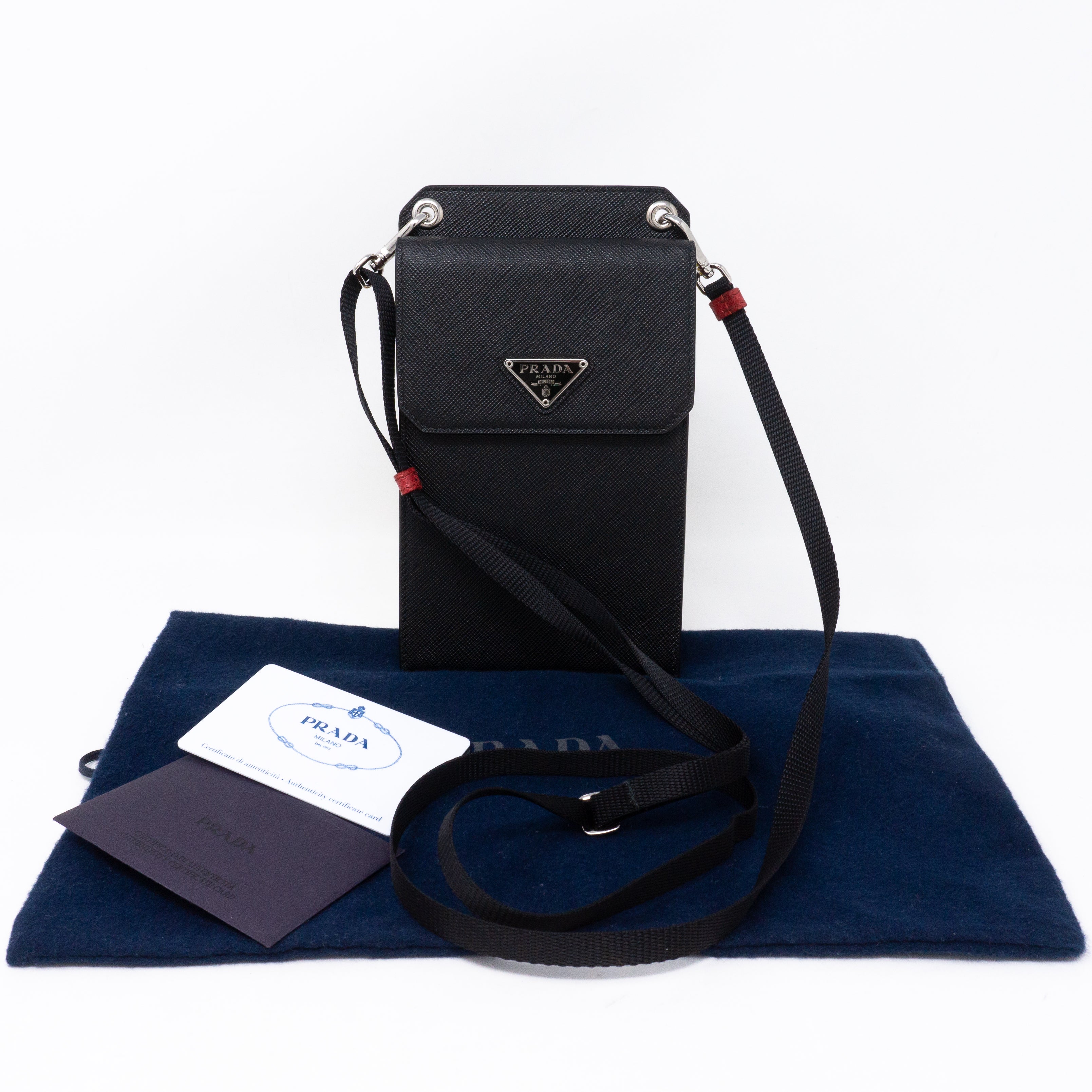 Prada Saffiano Leather Phone Case With Webbing Lanyard in Black