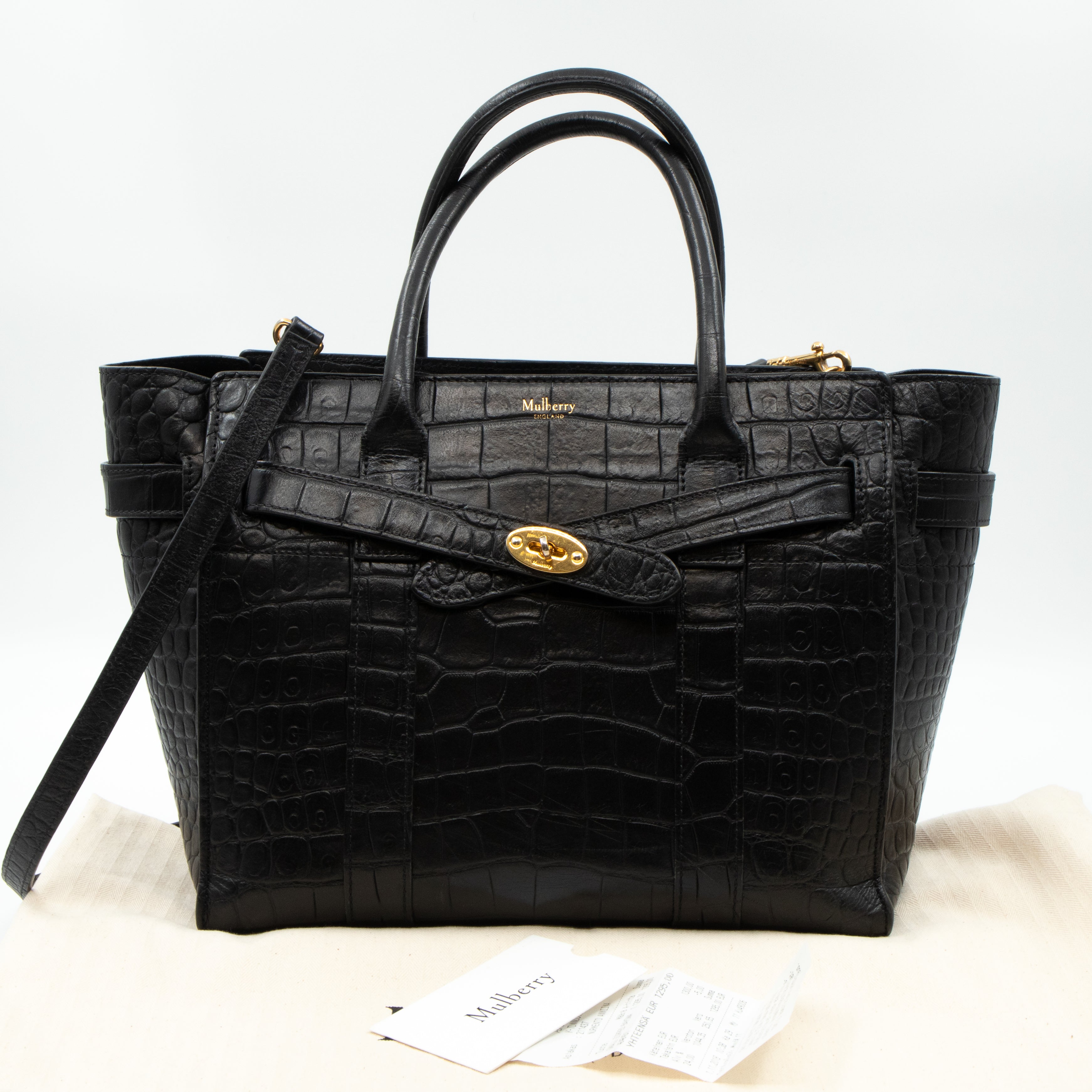 Small Zipped Bayswater Black Leather Croc