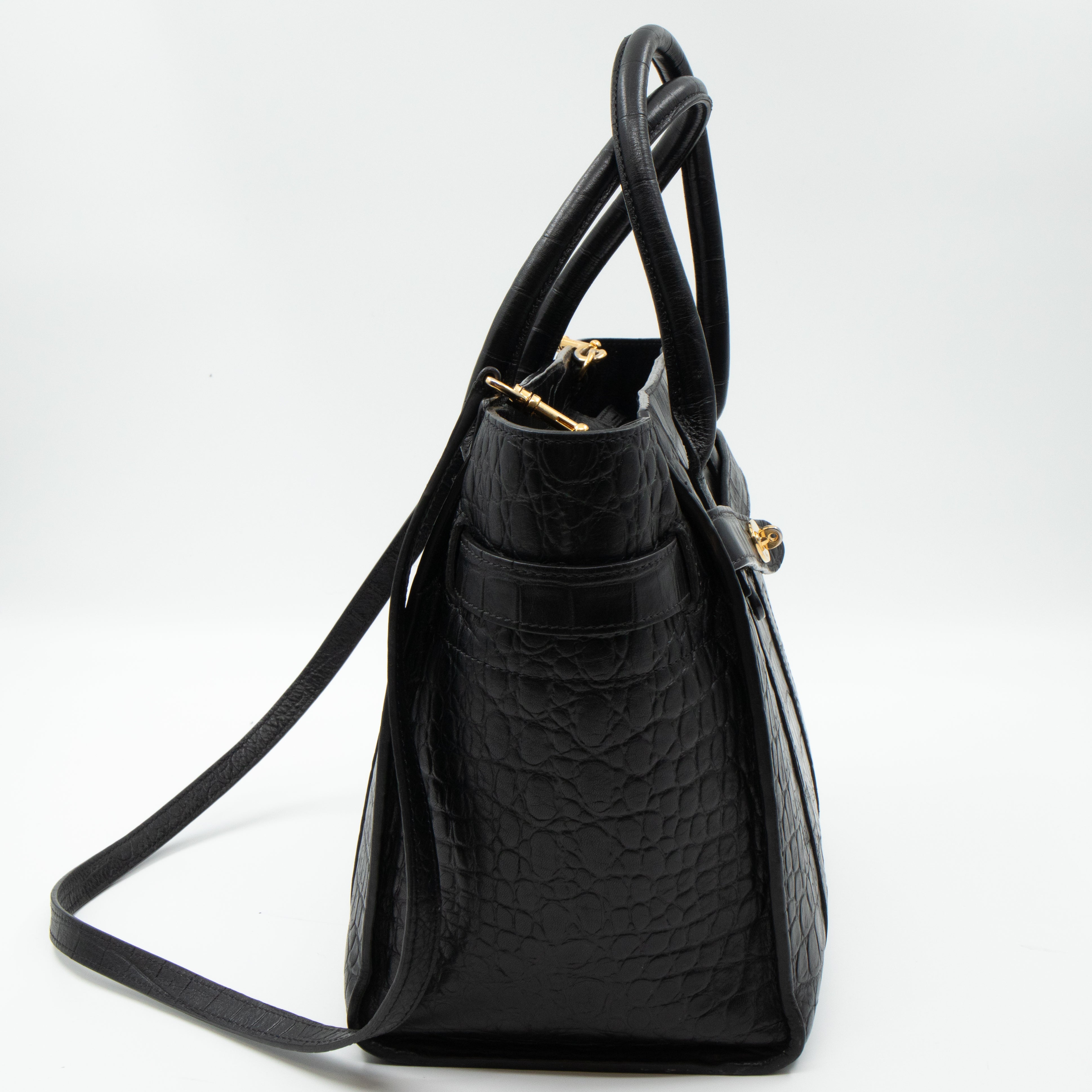 Small Zipped Bayswater Black Leather Croc