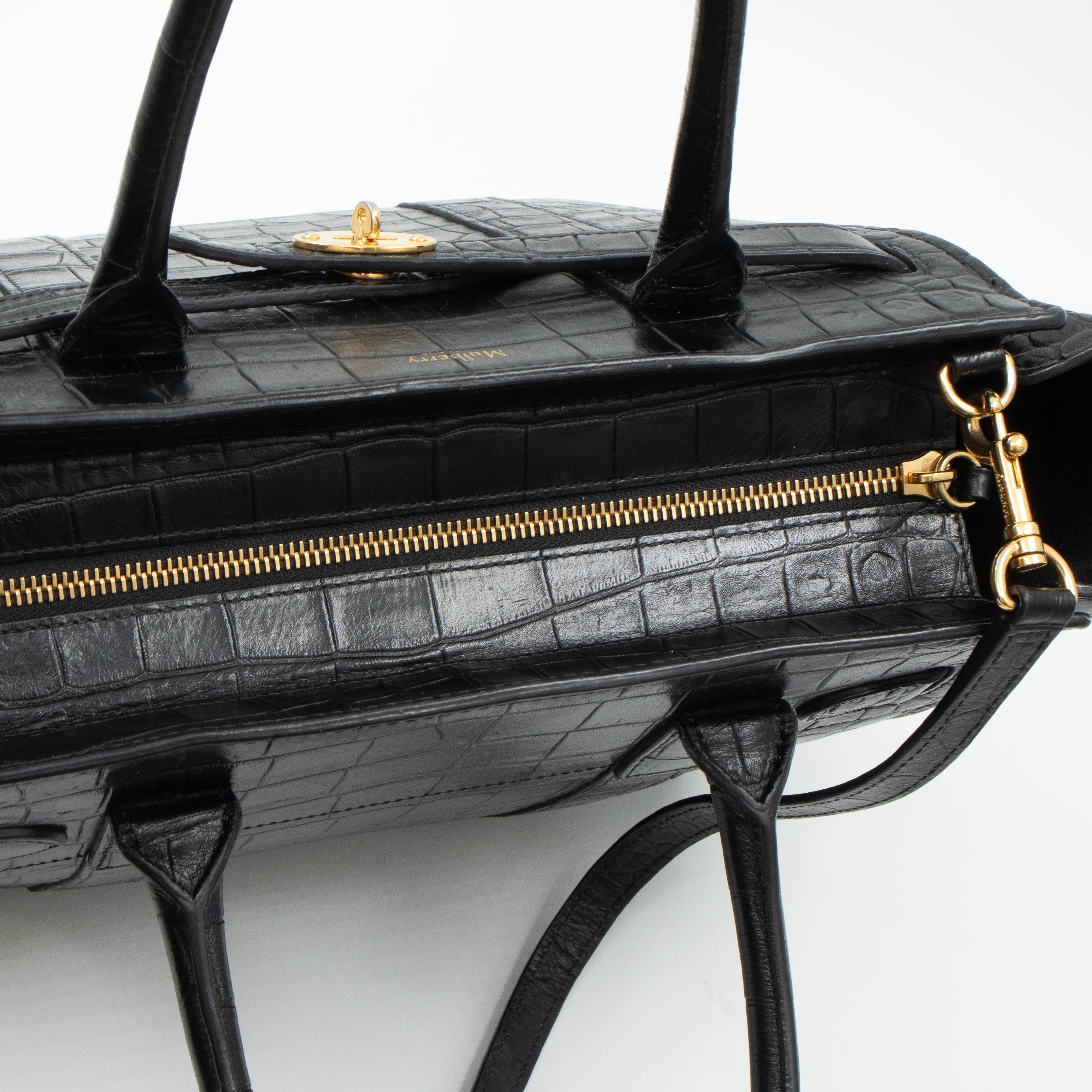 Small Zipped Bayswater Black Leather Croc
