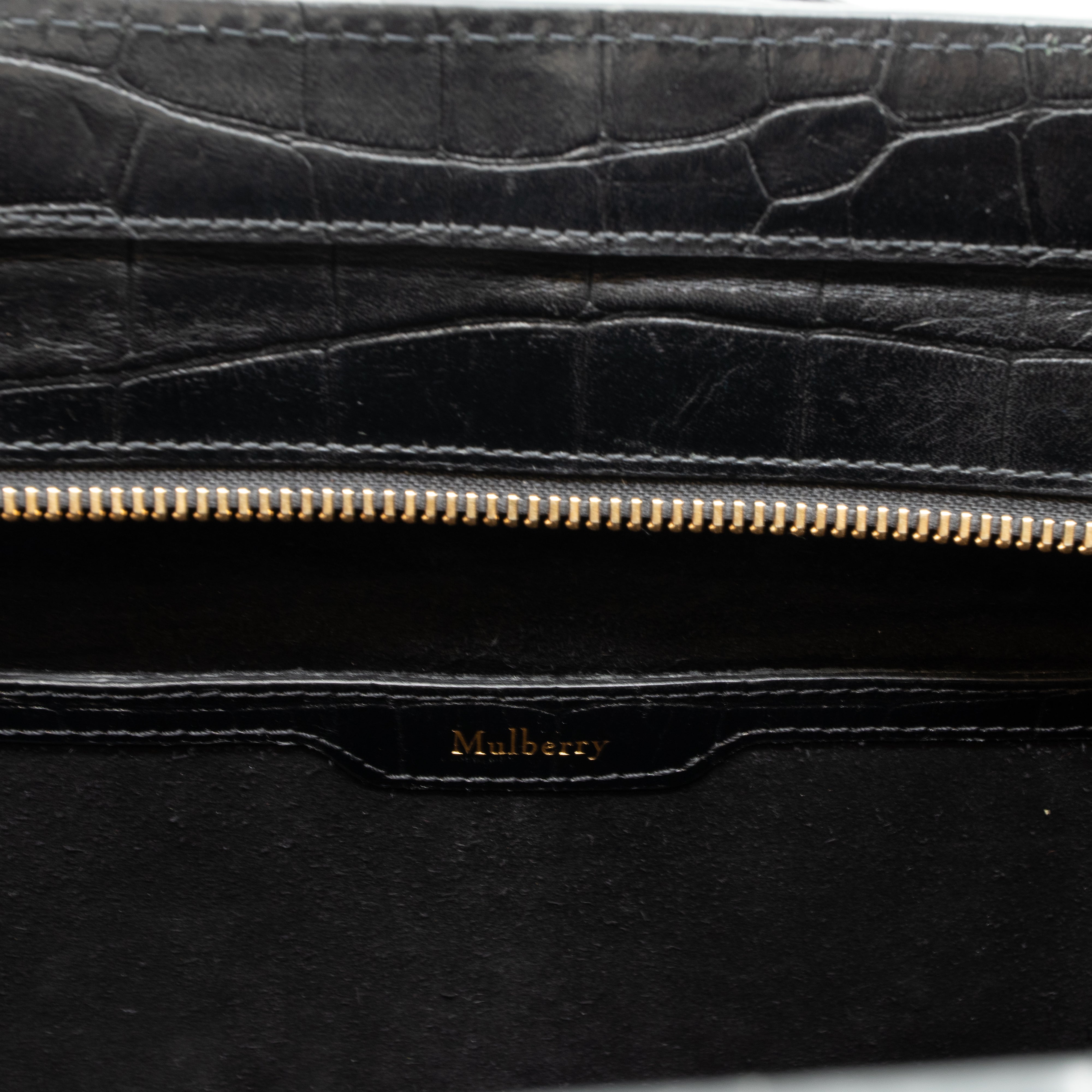 Small Zipped Bayswater Black Leather Croc