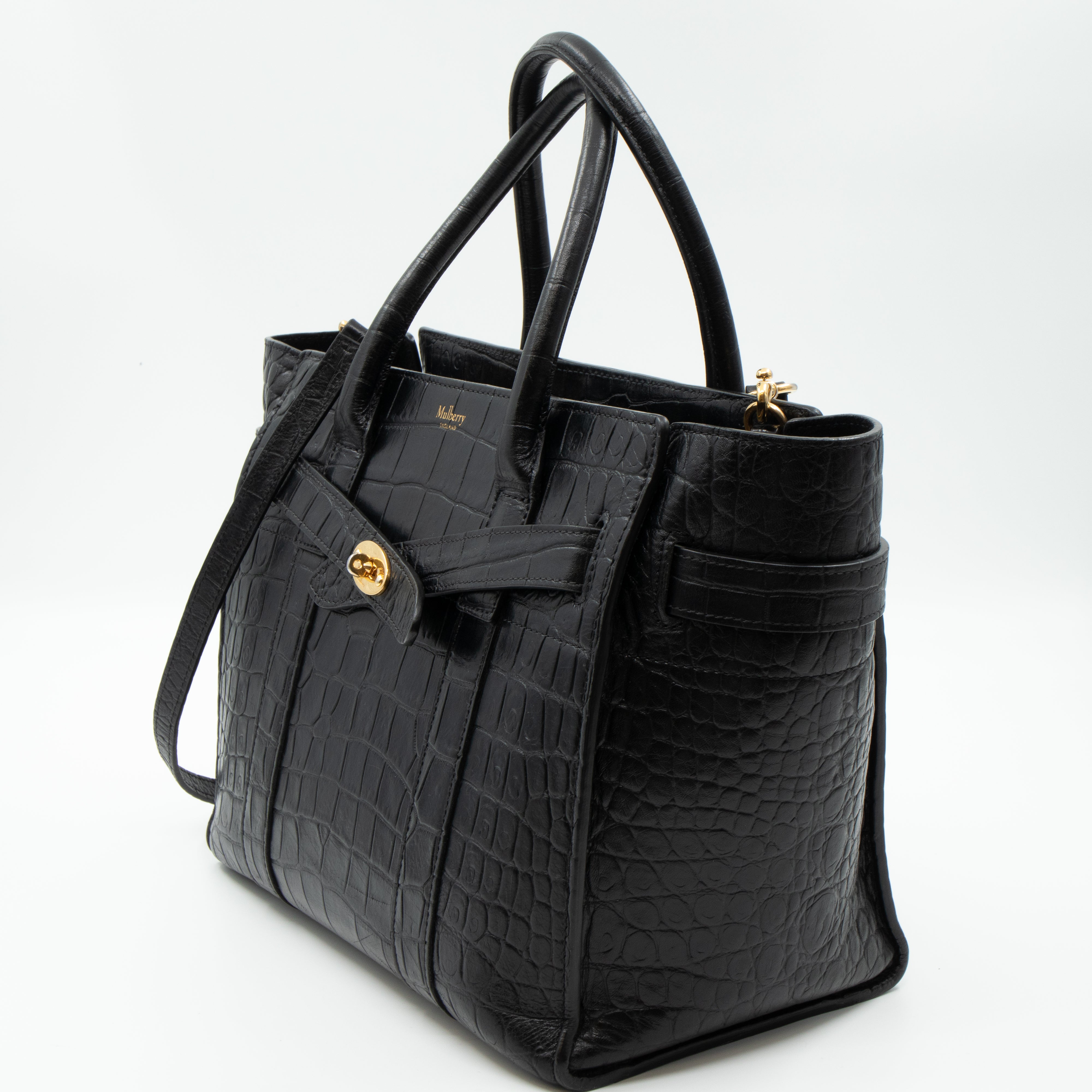 Small Zipped Bayswater Black Leather Croc