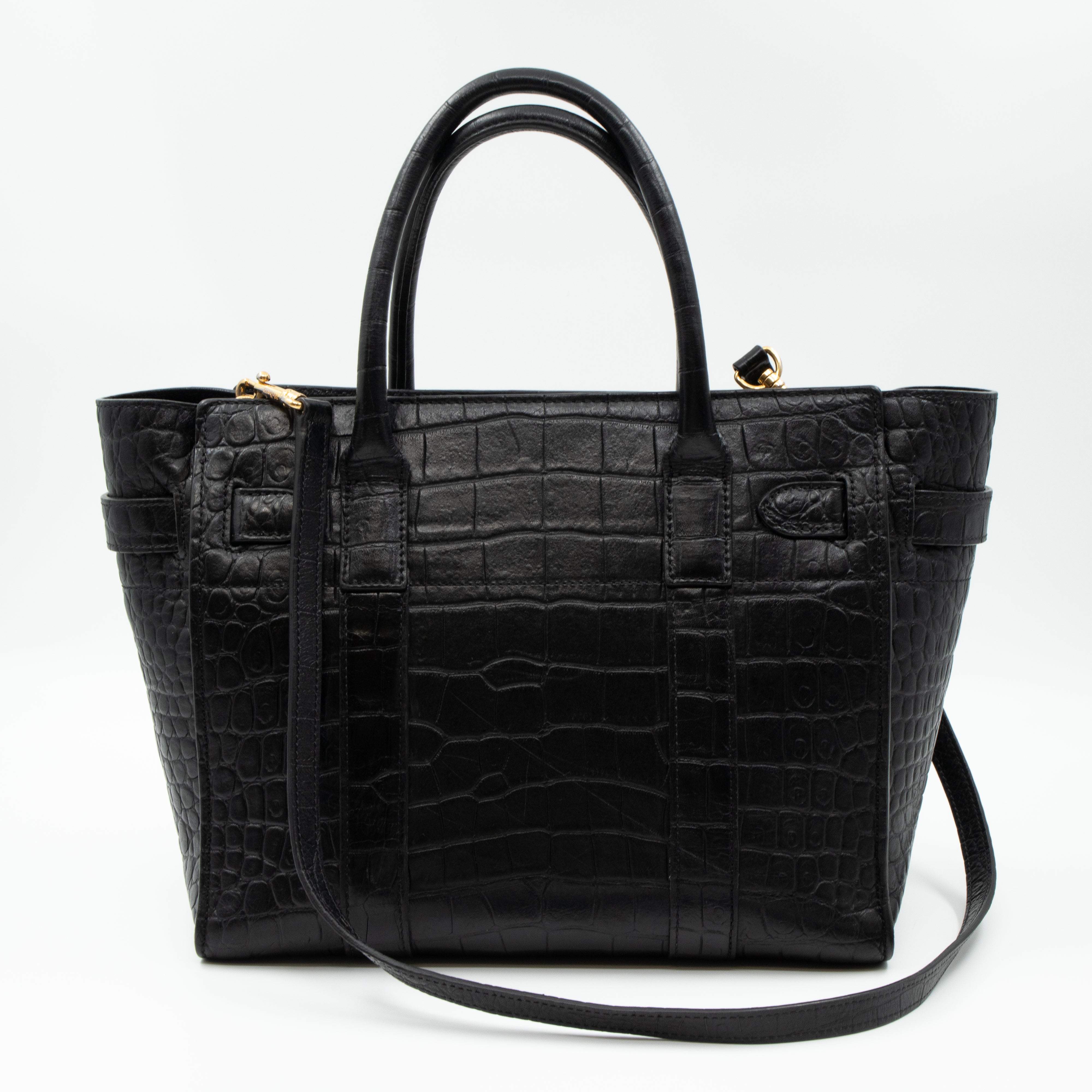 Small Zipped Bayswater Black Leather Croc