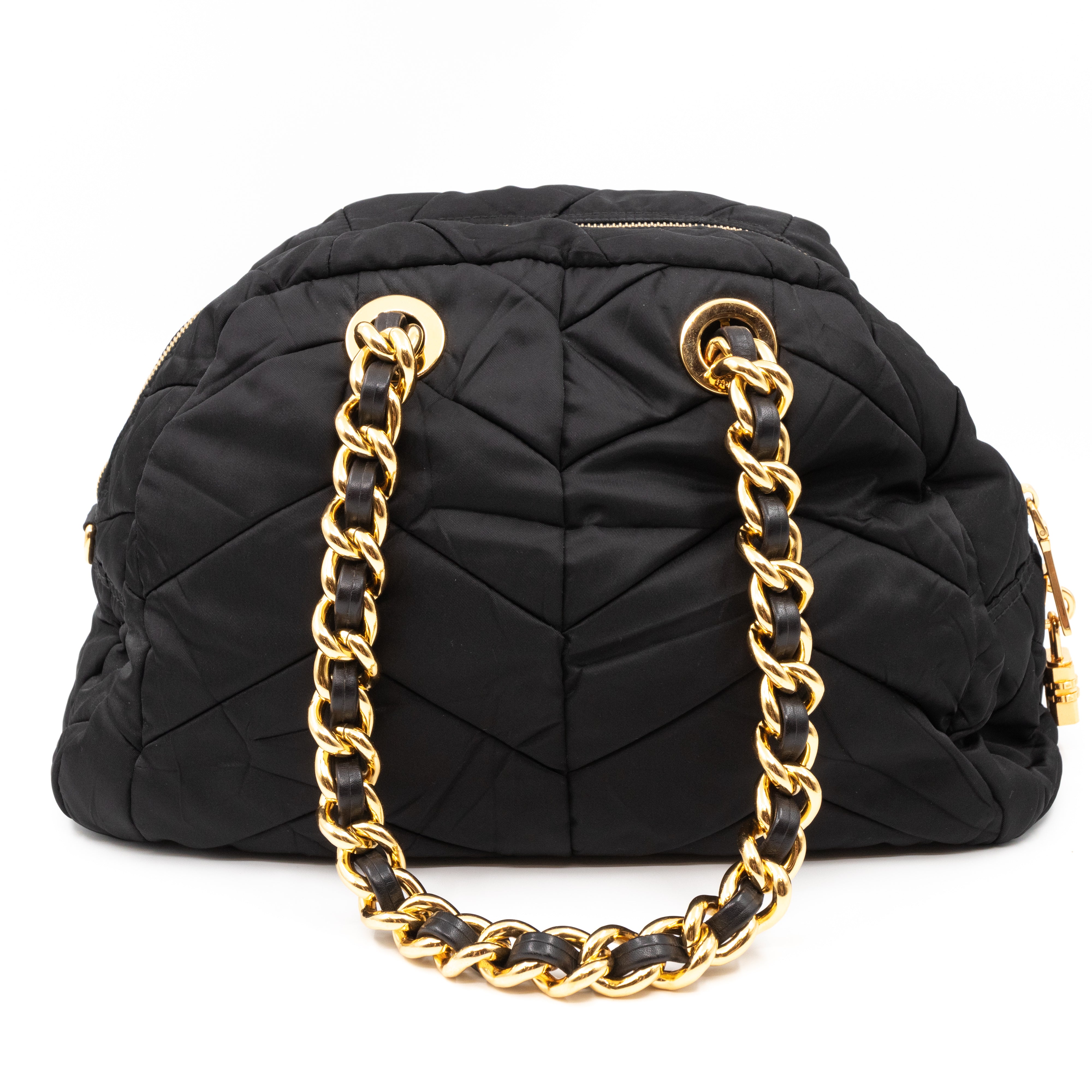 Chain Bowler Bag Black Quilted Tessuto