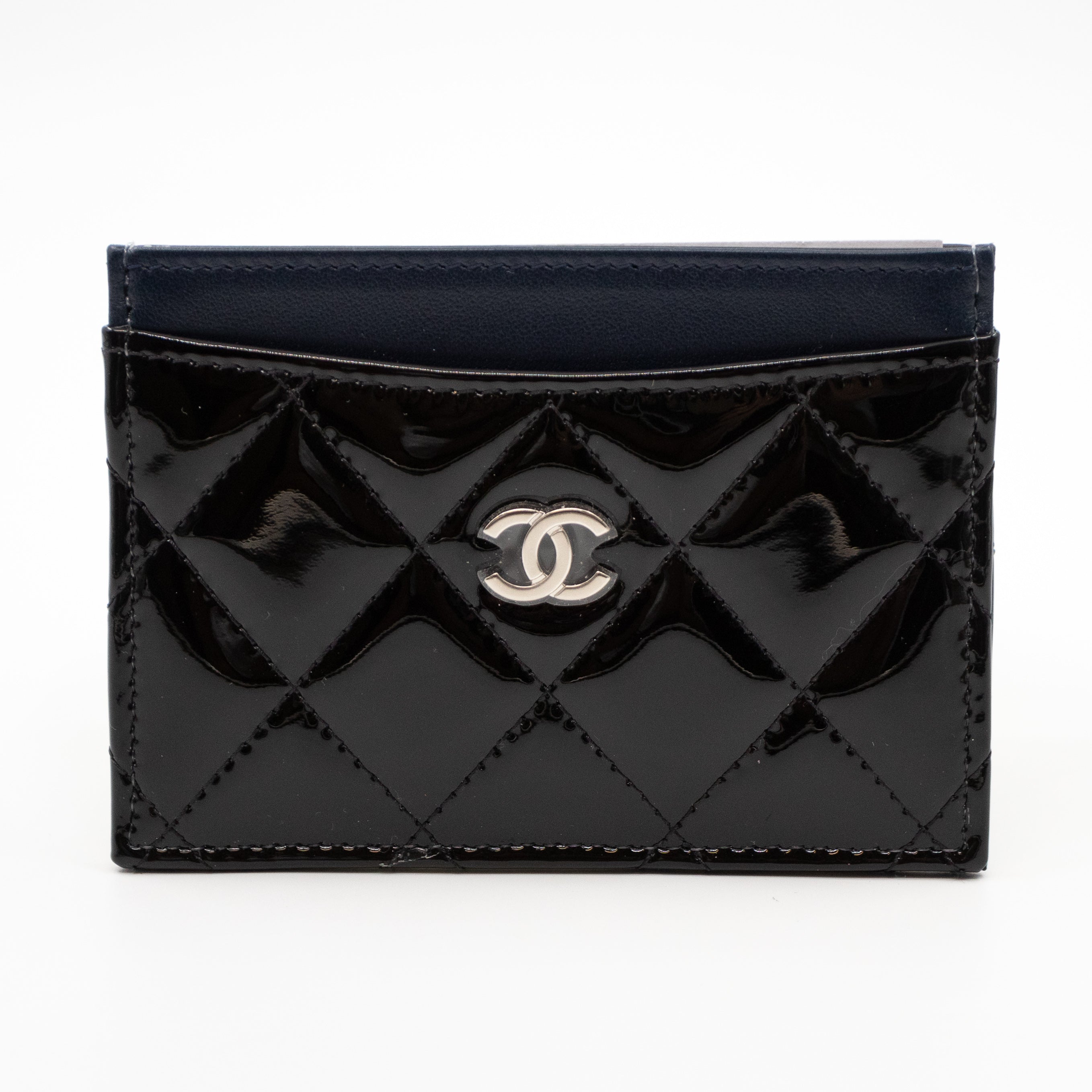 Card Holder Black Blue Patent Leather
