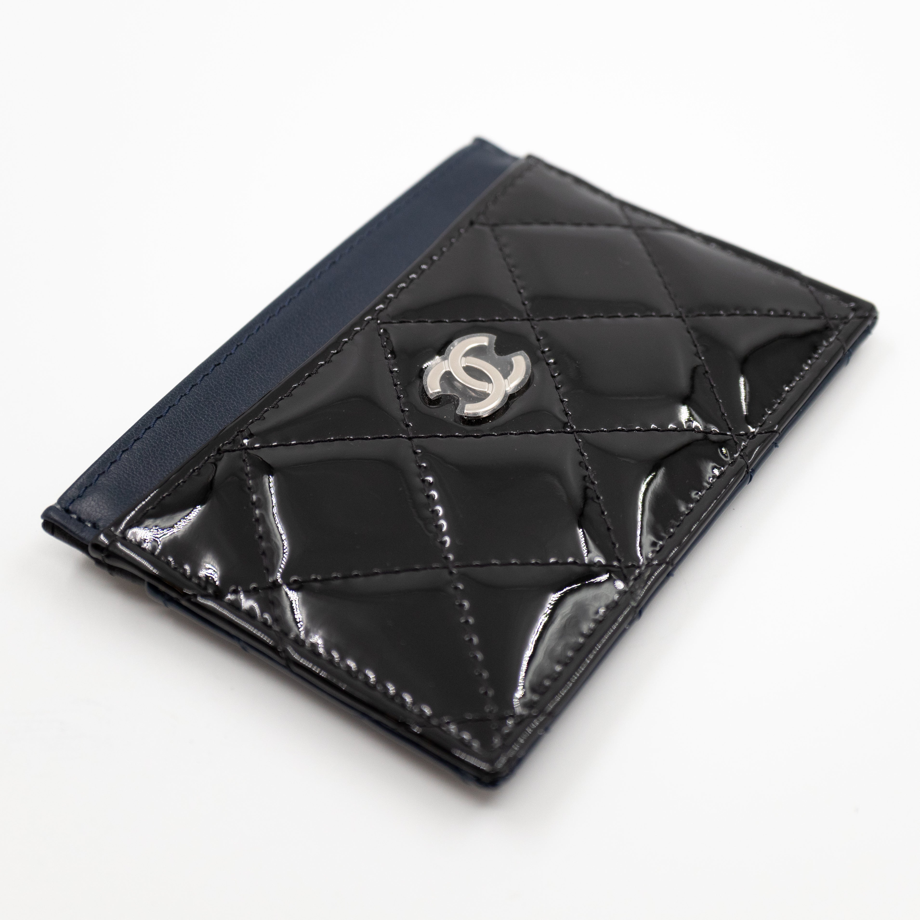 Card Holder Black Blue Patent Leather