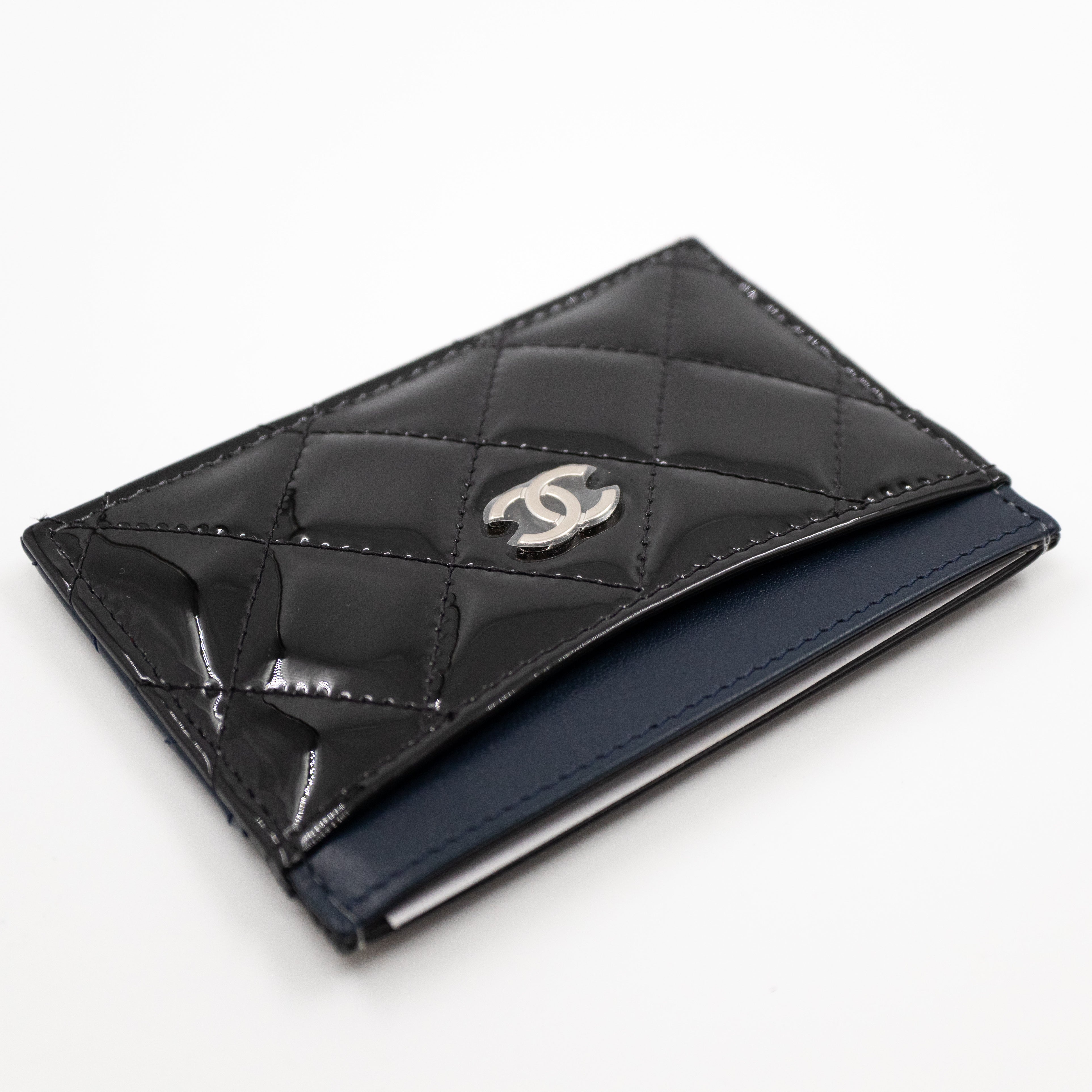 Card Holder Black Blue Patent Leather