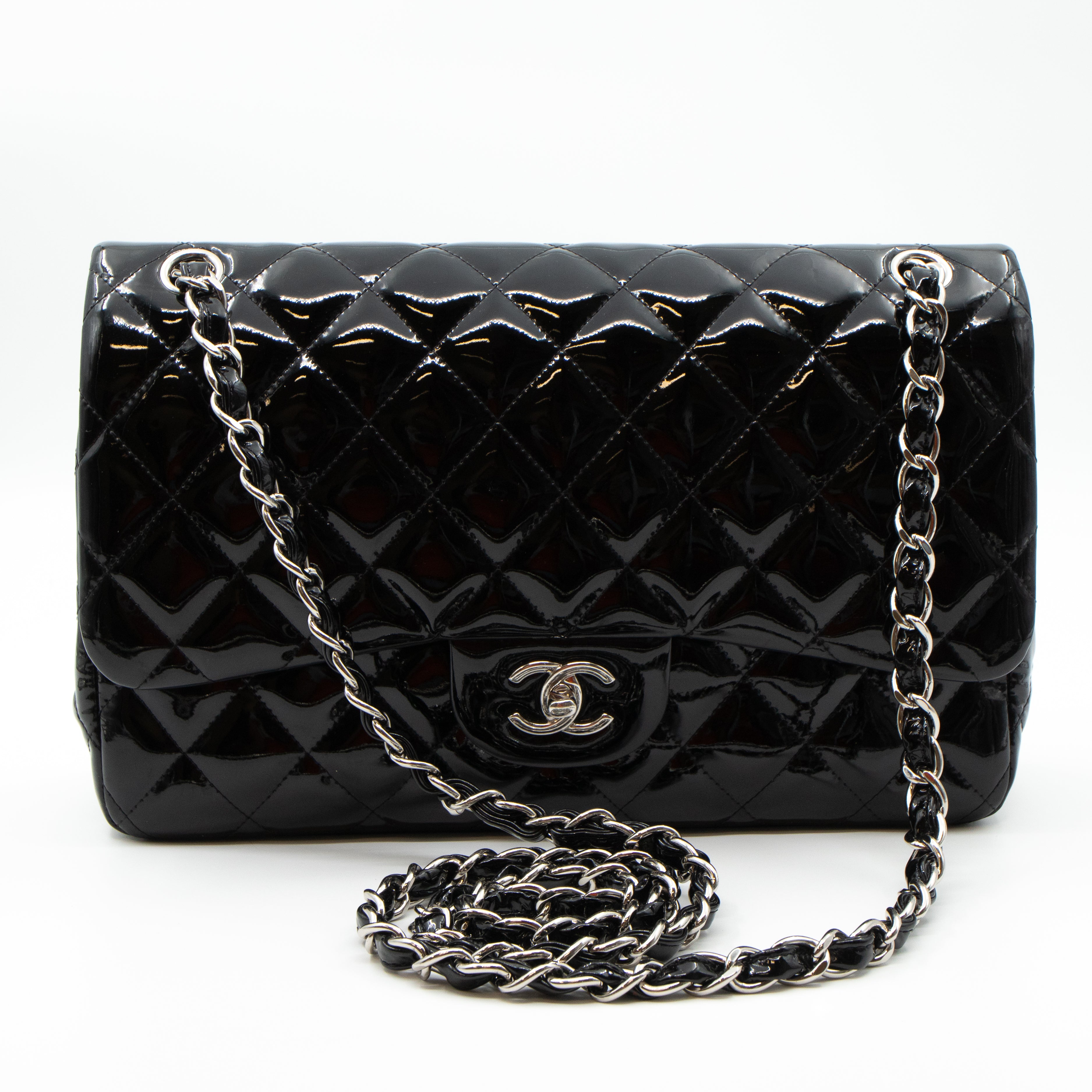 Classic Double Flap Jumbo Black Patent Silver