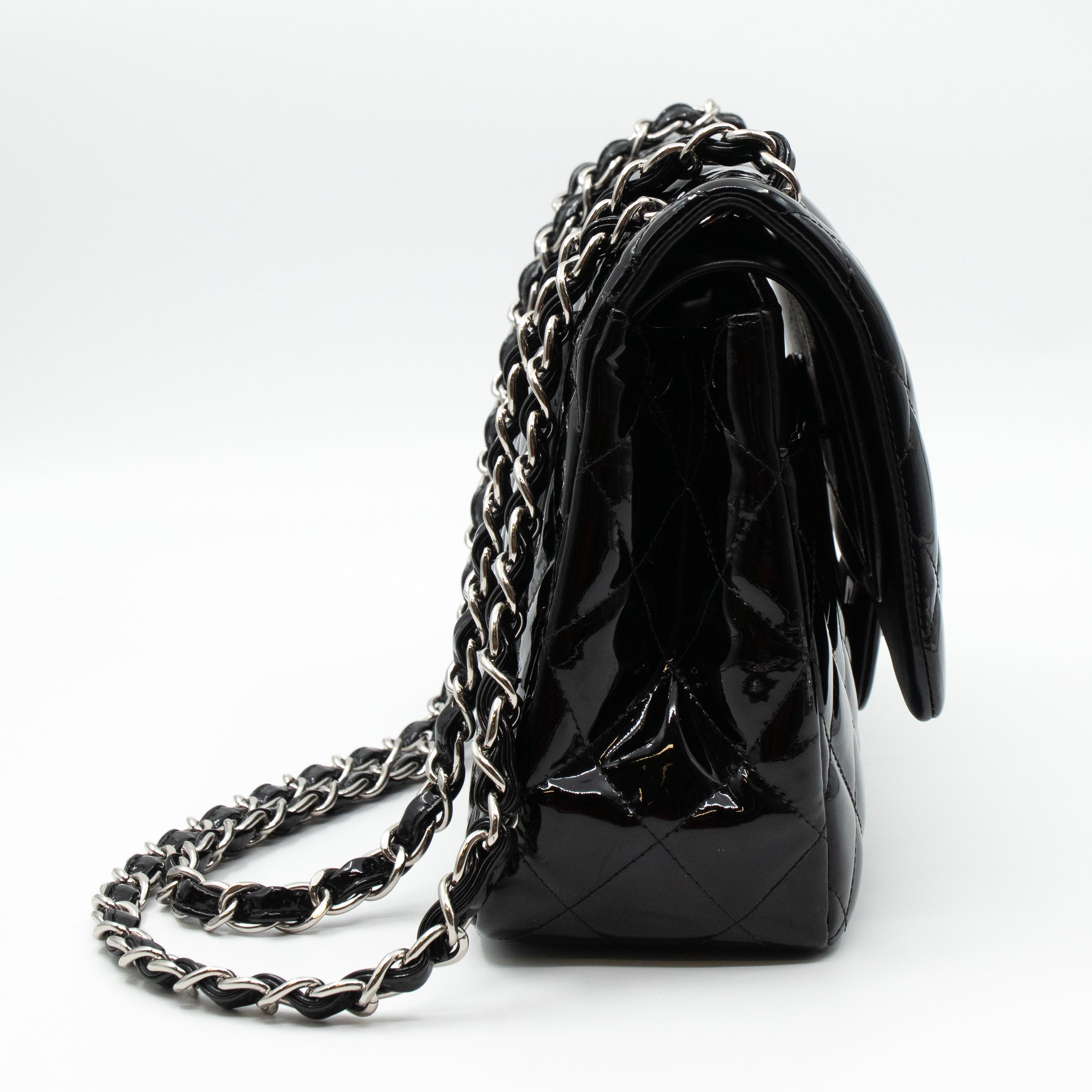 Classic Double Flap Jumbo Black Patent Silver