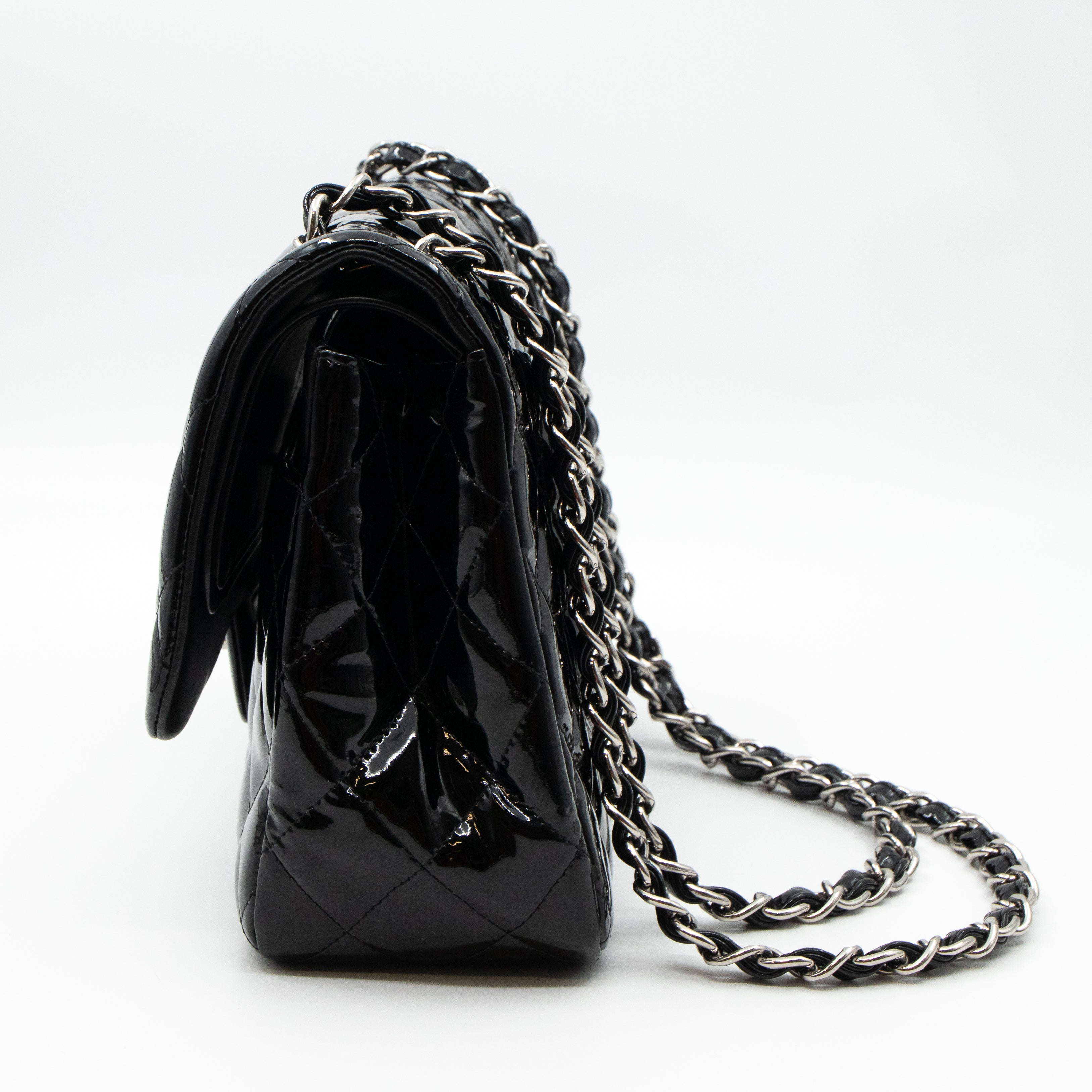 Classic Double Flap Jumbo Black Patent Silver